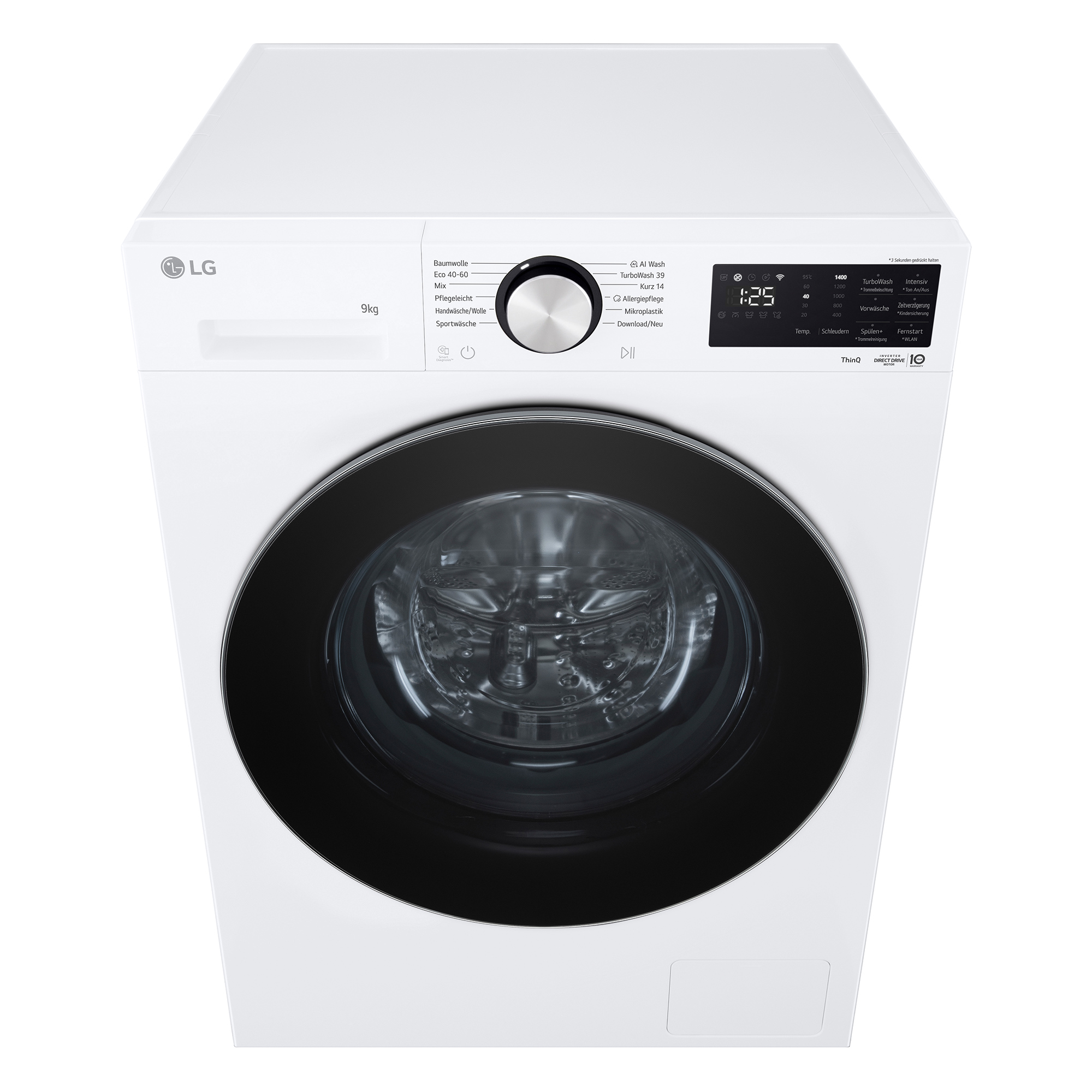 Weiße LG Waschmaschine mit 9kg Kapazität und schwarzer Tür. Bedienfeld mit Drehknopf und Display.