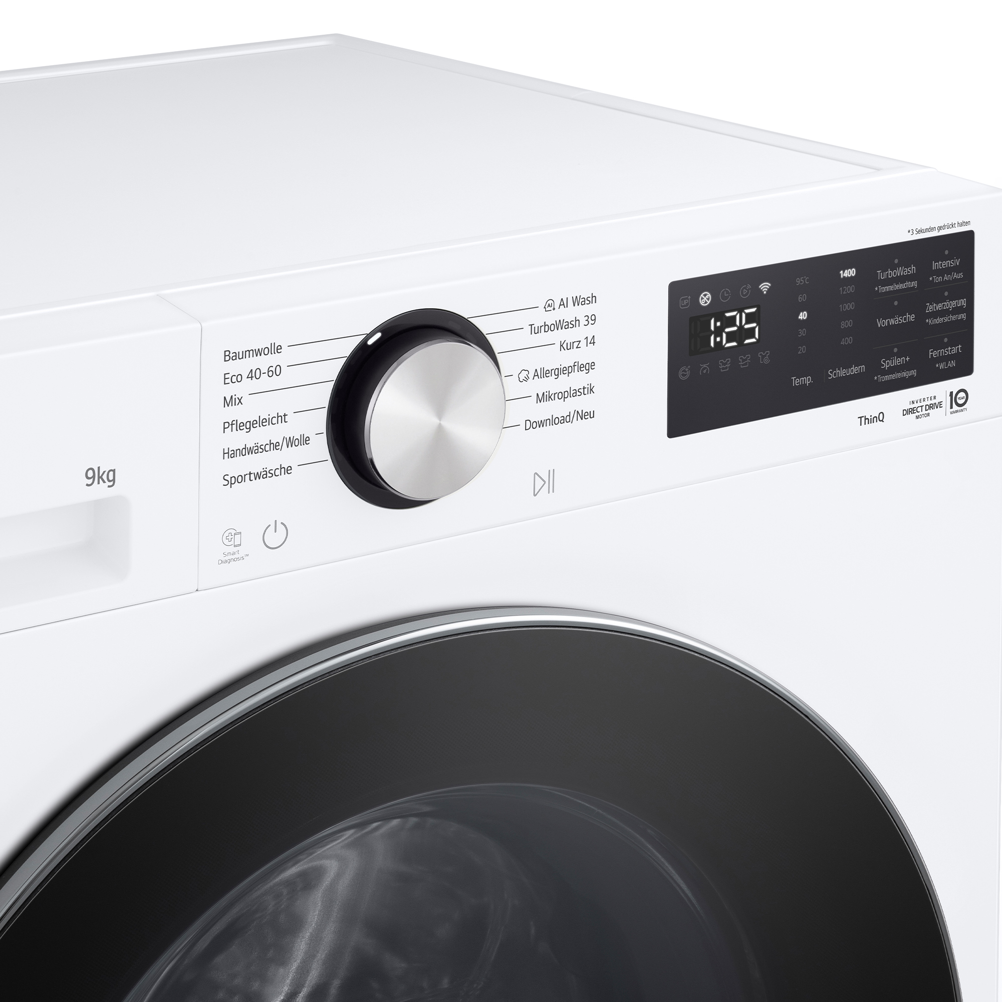 Weiße Waschmaschine mit digitaler Anzeige, Wahlrad und 9kg Kapazität.
