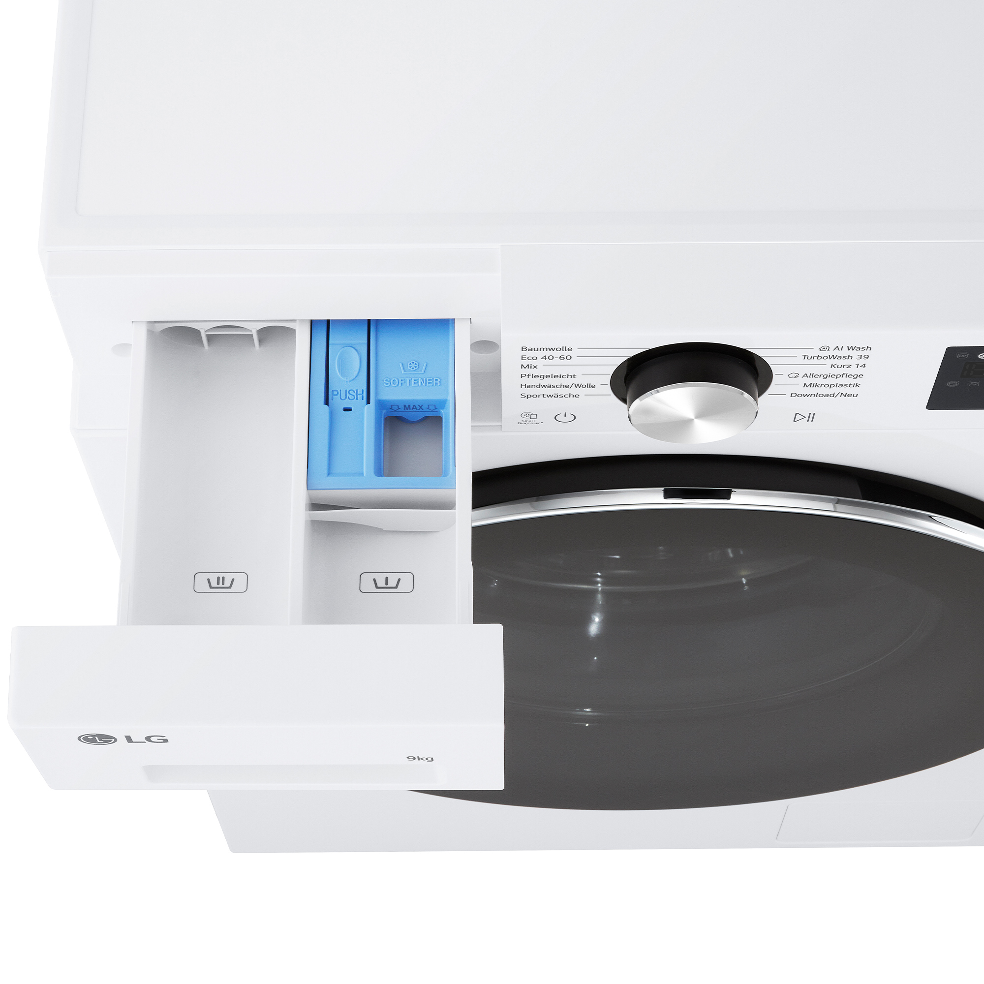 Weiße Waschmaschine mit herausgezogener Schublade für Waschmittel und Weichspüler.