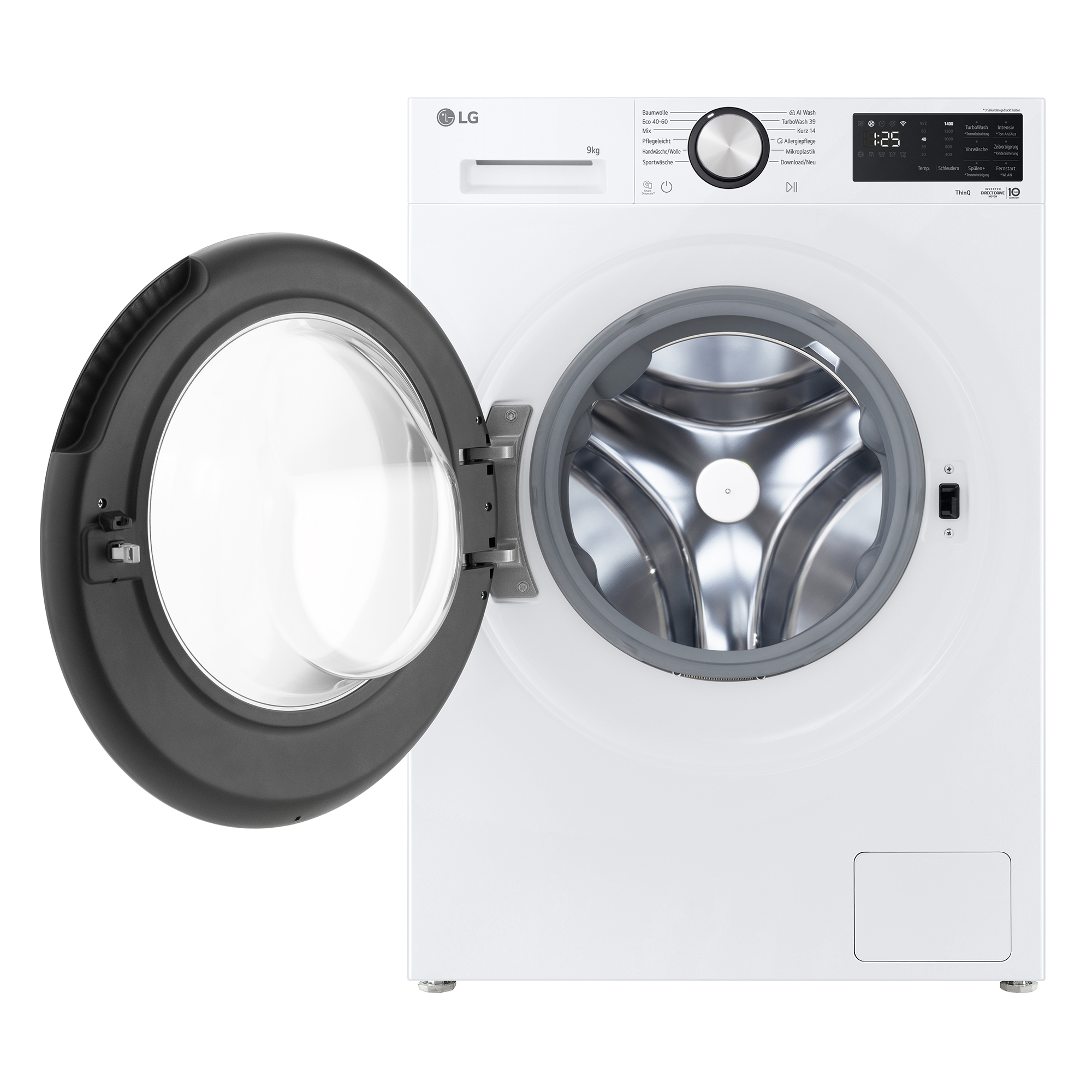 Eine weiße LG Waschmaschine mit geöffneter Tür und silbernem Trommelinneren.