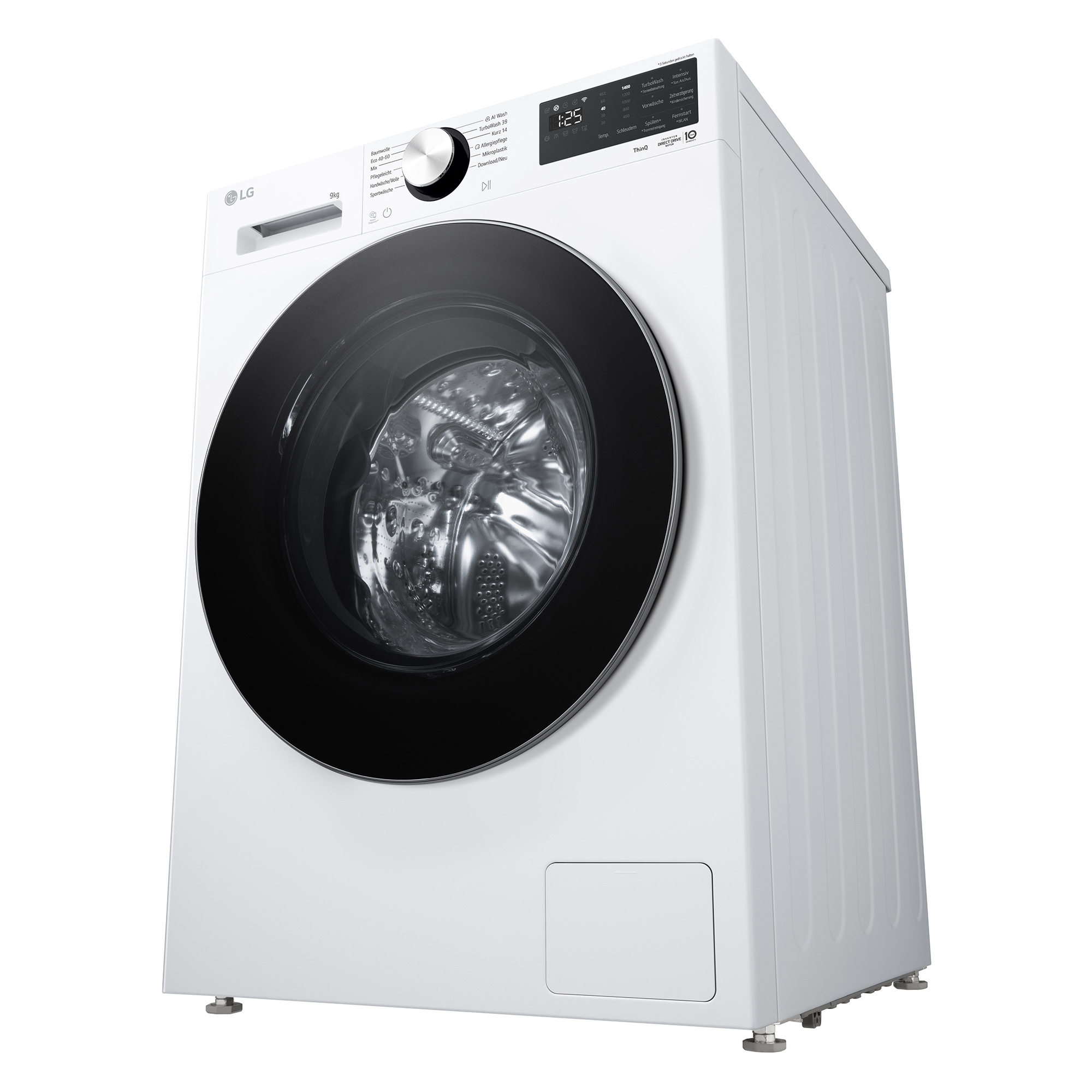 Eine weiße LG Waschmaschine mit schwarzer Tür und Bedienfeld. Sie hat 9kg Kapazität.