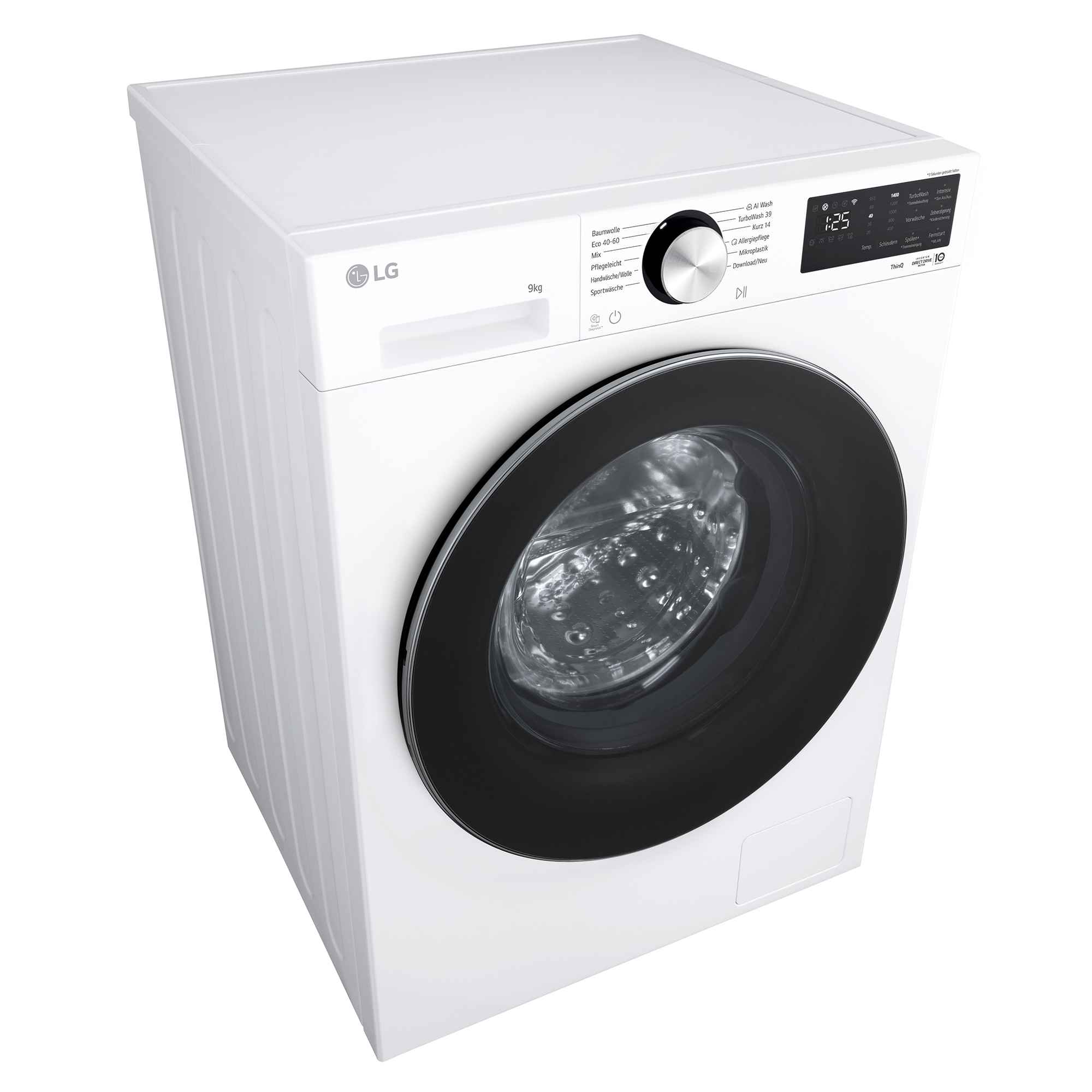 Eine weiße LG Waschmaschine mit schwarzer Tür und Bedienfeld.