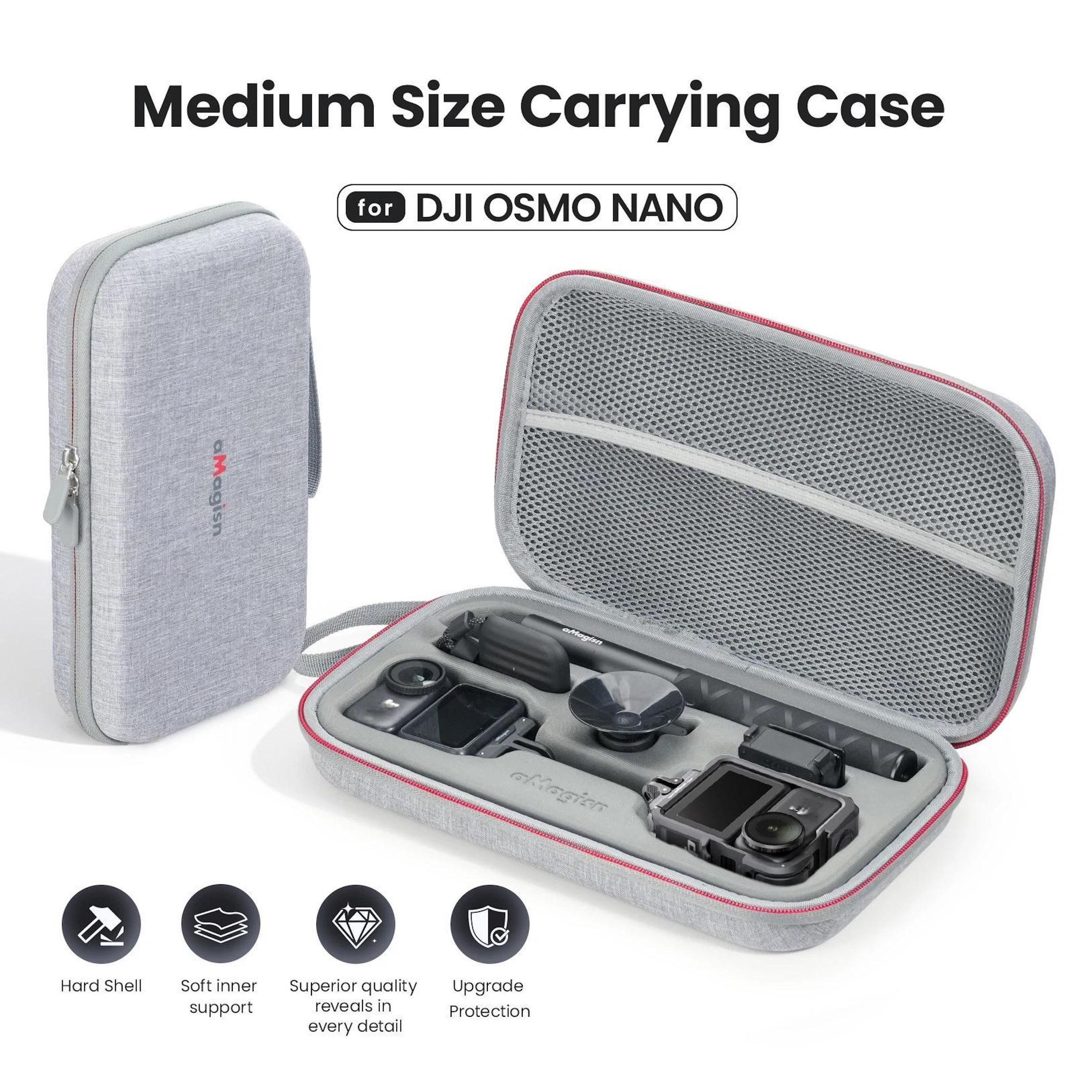 Graue DJI Osmo Nano Tragetasche, geöffnet, zeigt Kamera und Zubehör.