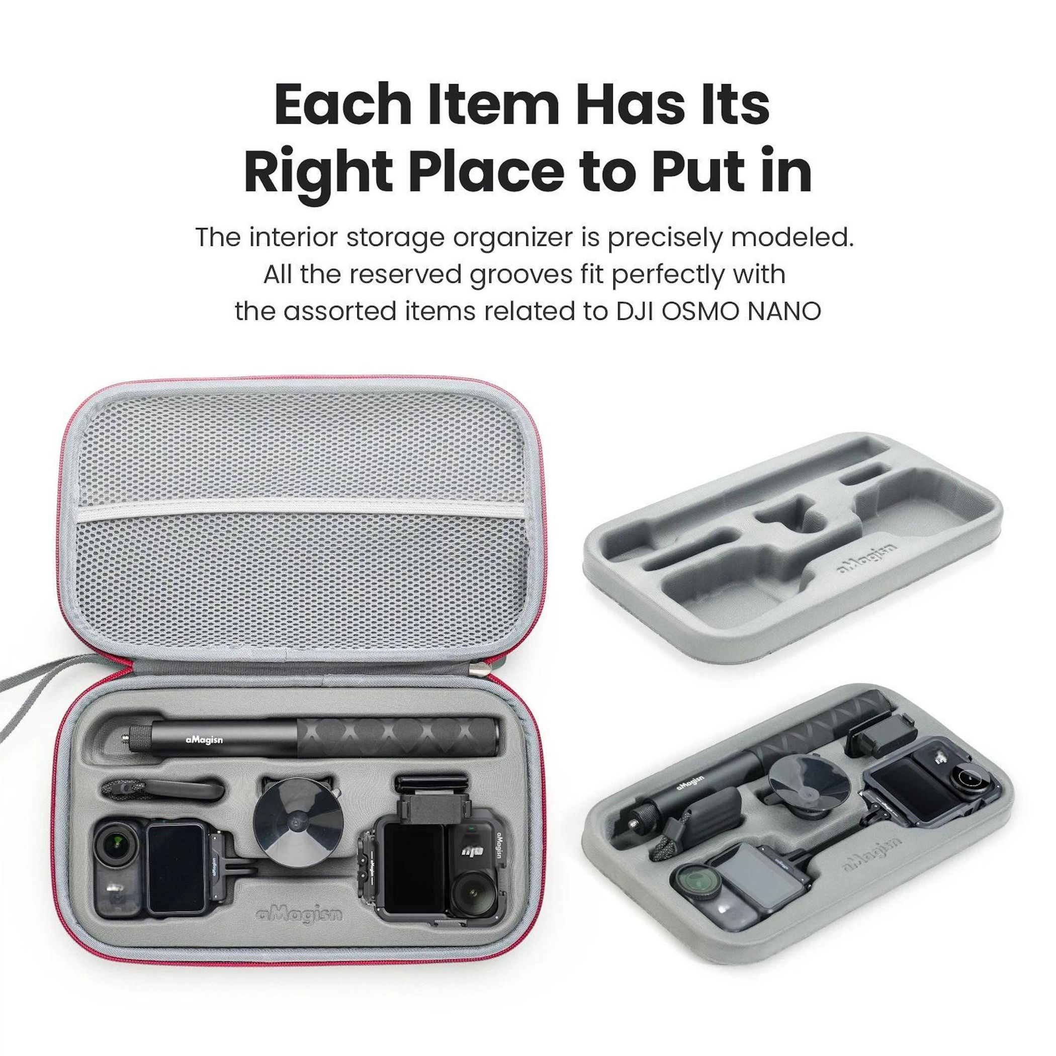 Grauer Organizer mit DJI Osmo Nano Zubehör, darunter Kamera und Griff.