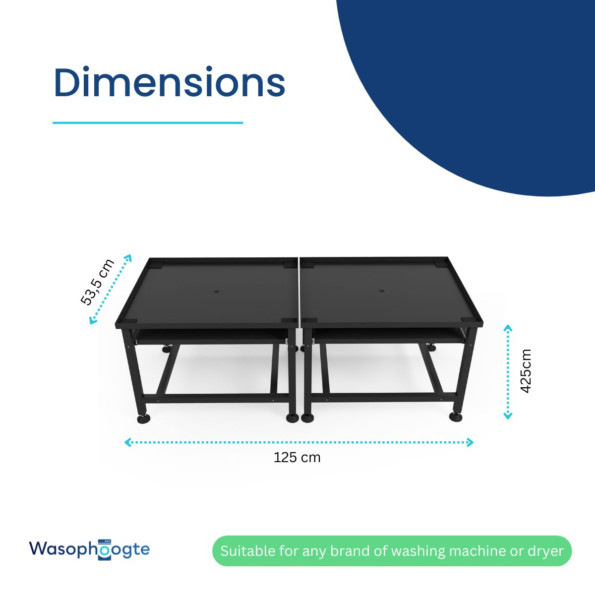 Two black washing machine/dryer stands, 125x53.5x42.5cm.