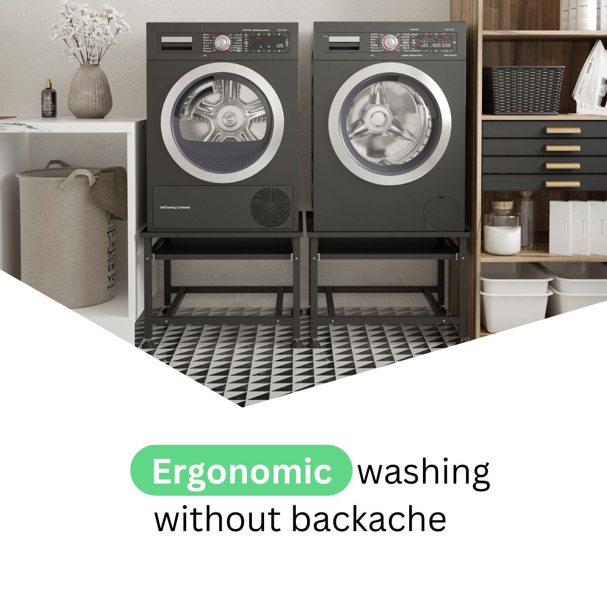 Two black front-loading washing machines on stands, laundry room setting.