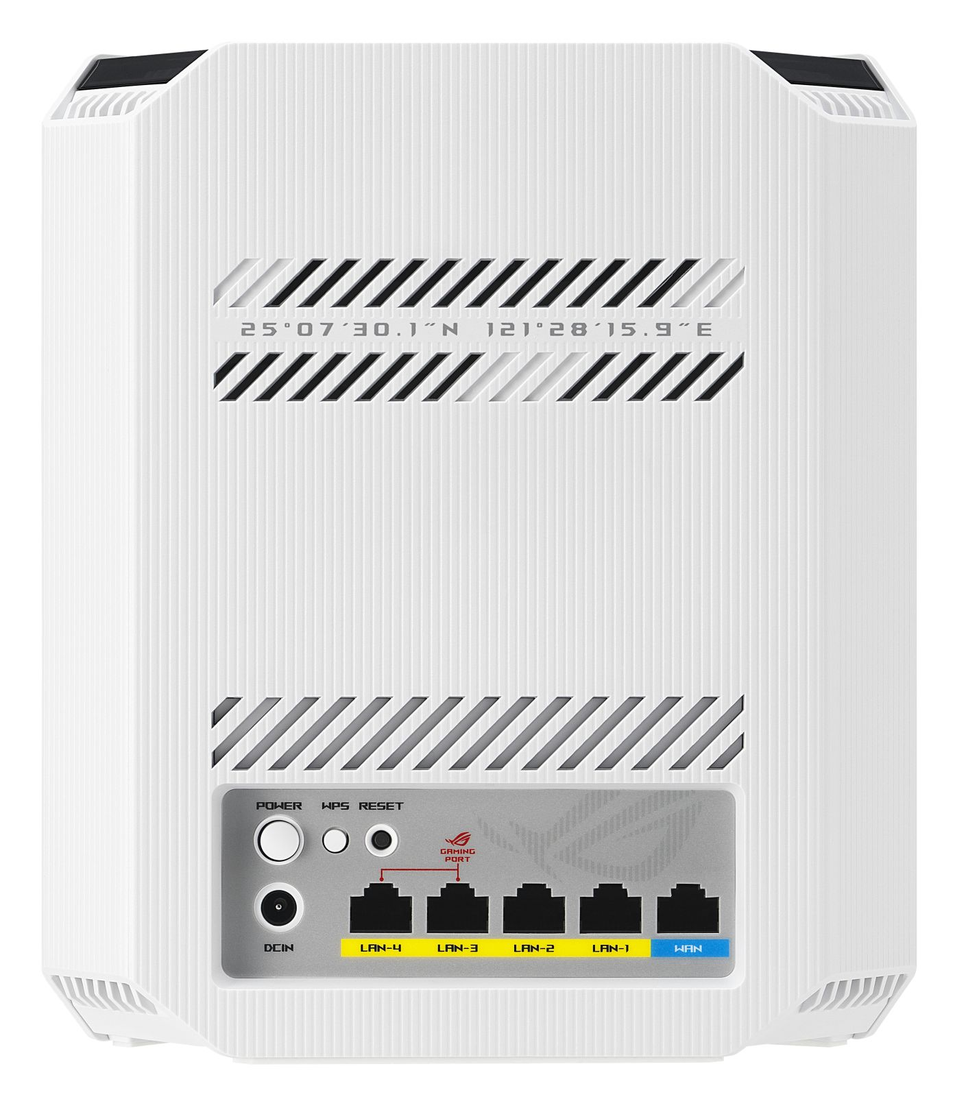 Weiße Router-Rückseite mit Anschlüssen: DCIN, 4x LAN, WAN, Power, WPS, Reset.