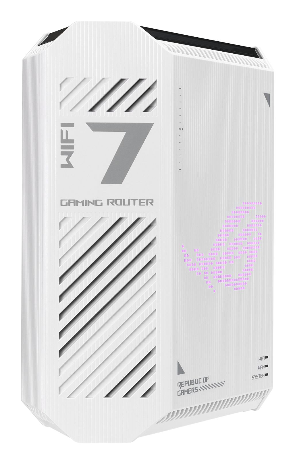 Weißer ASUS ROG WiFi 7 Gaming-Router mit großer '7' Grafik und Lüftungsschlitzen.