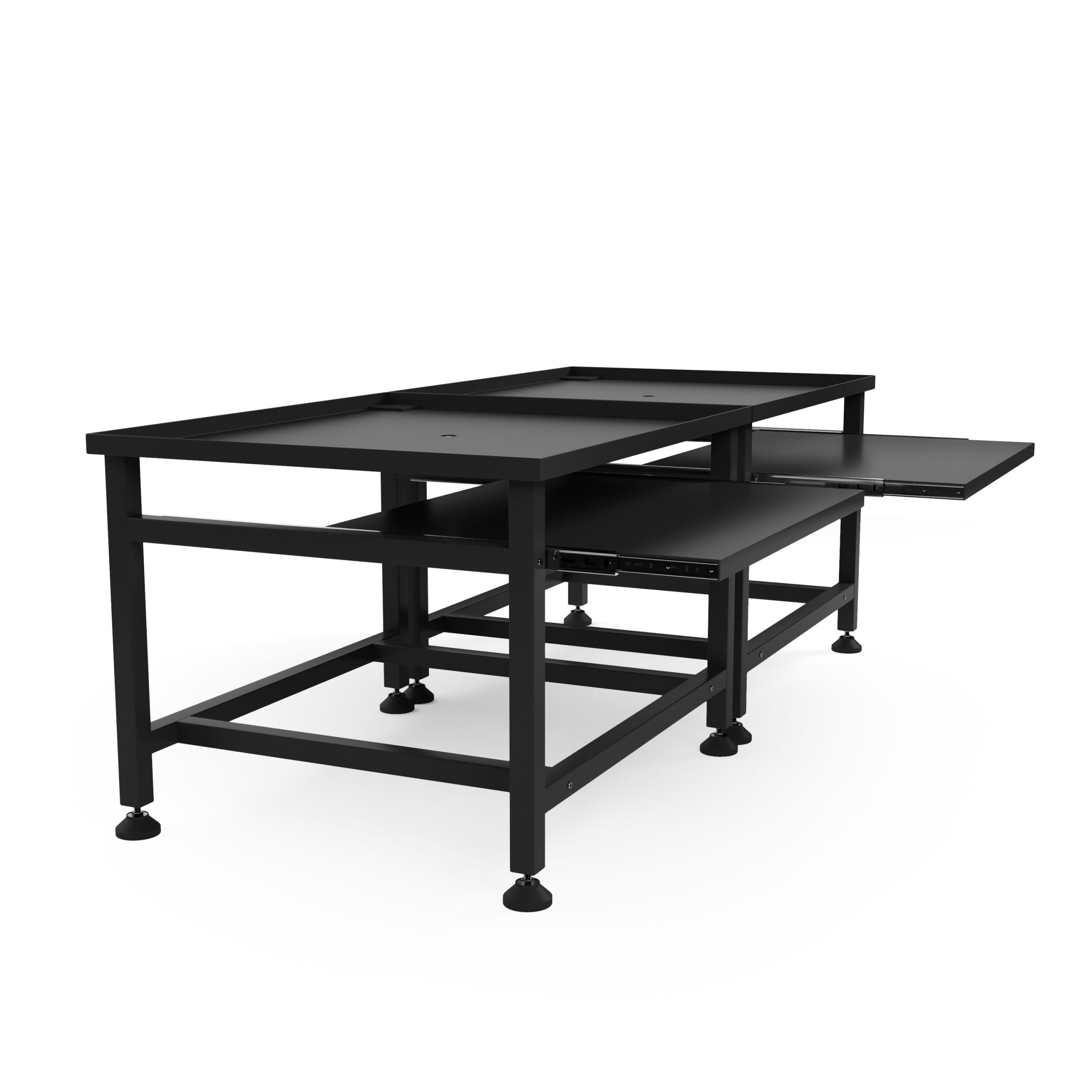 A black metal table with multiple tiers and one pull-out shelf.