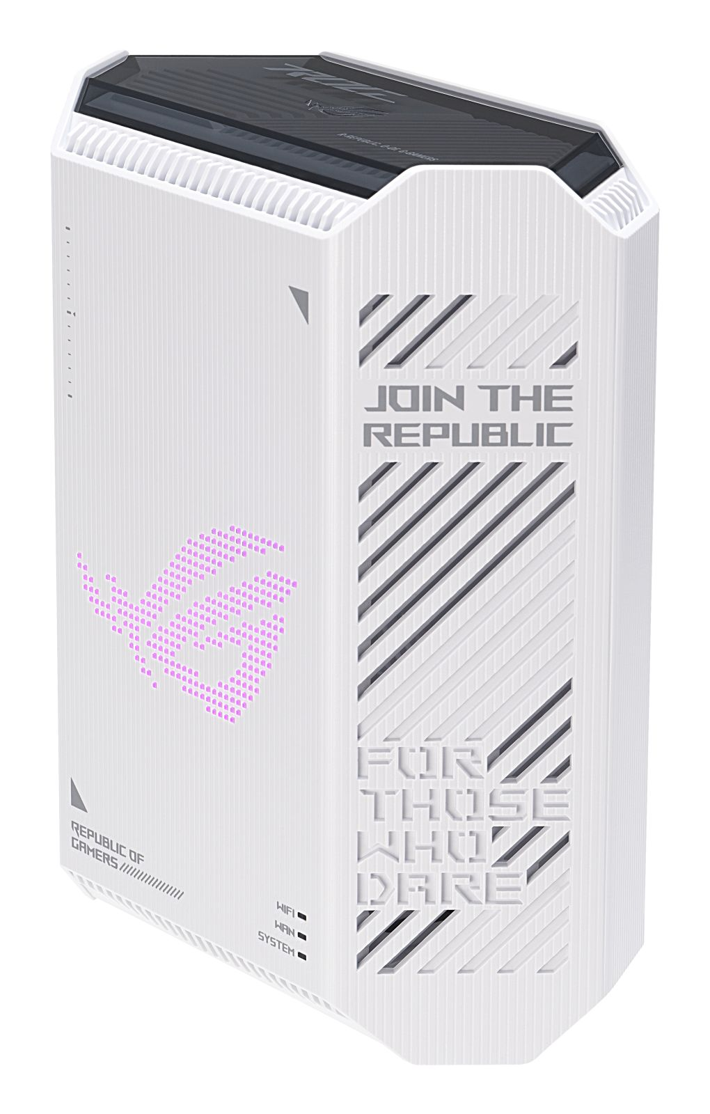 Ein weißer Computer-Tower mit schwarzen und pinken Akzenten. "Join the Republic" ist aufgedruckt.
