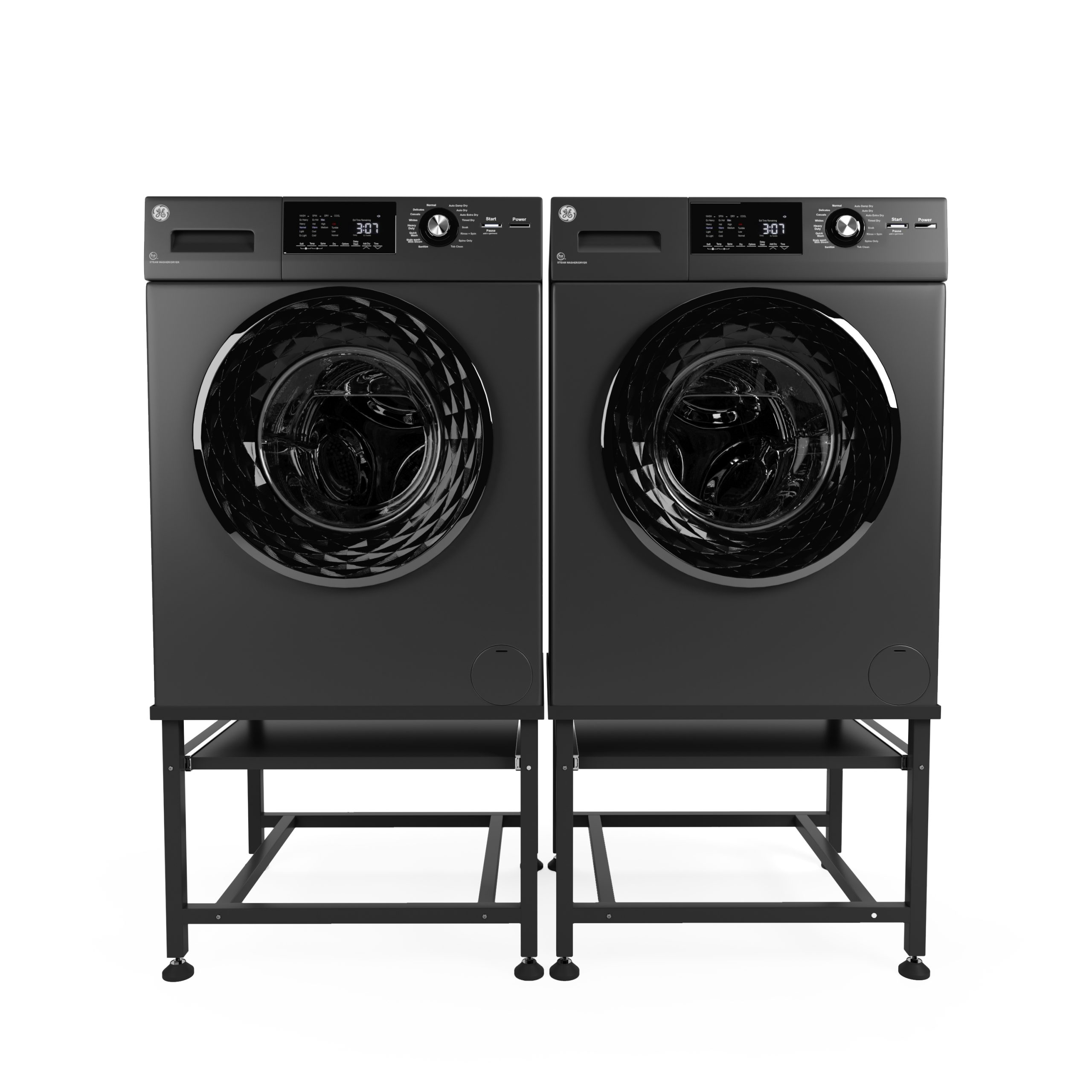 Two black GE washers with digital displays and round black doors, on stands.