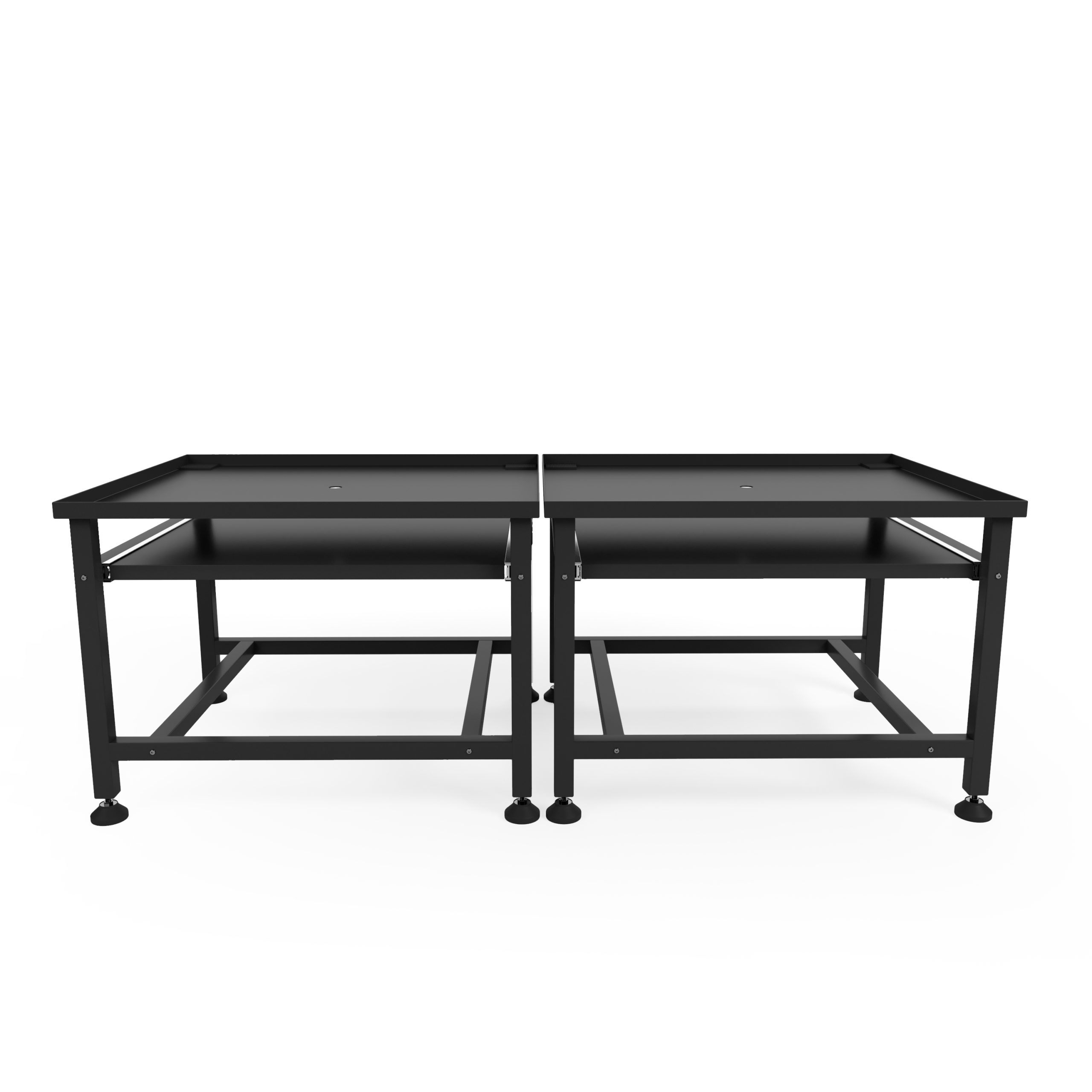 Two black metal tables with two shelves, side by side on a white background.
