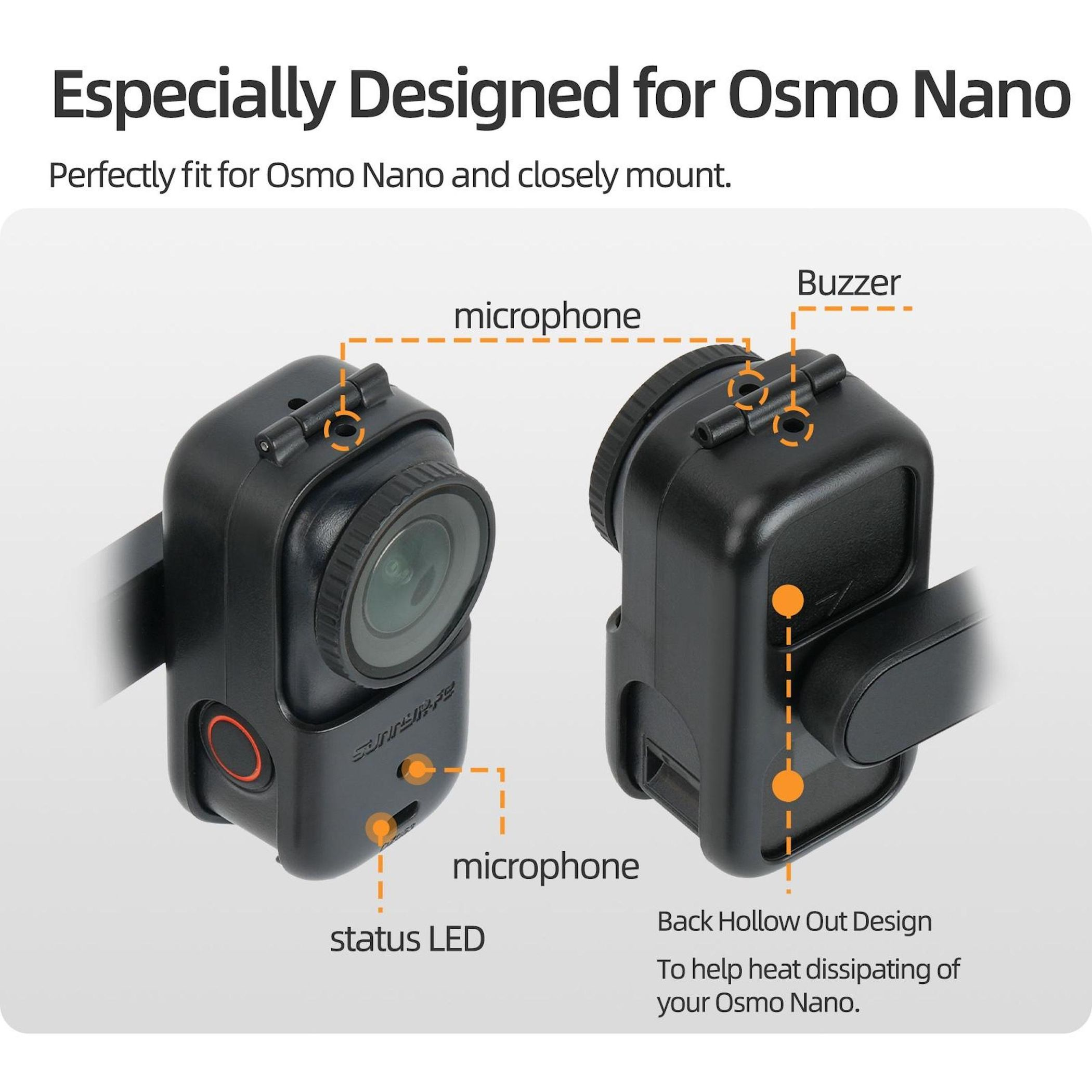 Zwei schwarze Osmo Nano Zubehörteile mit Markierungen für Mikrofon, Buzzer und Status-LED.
