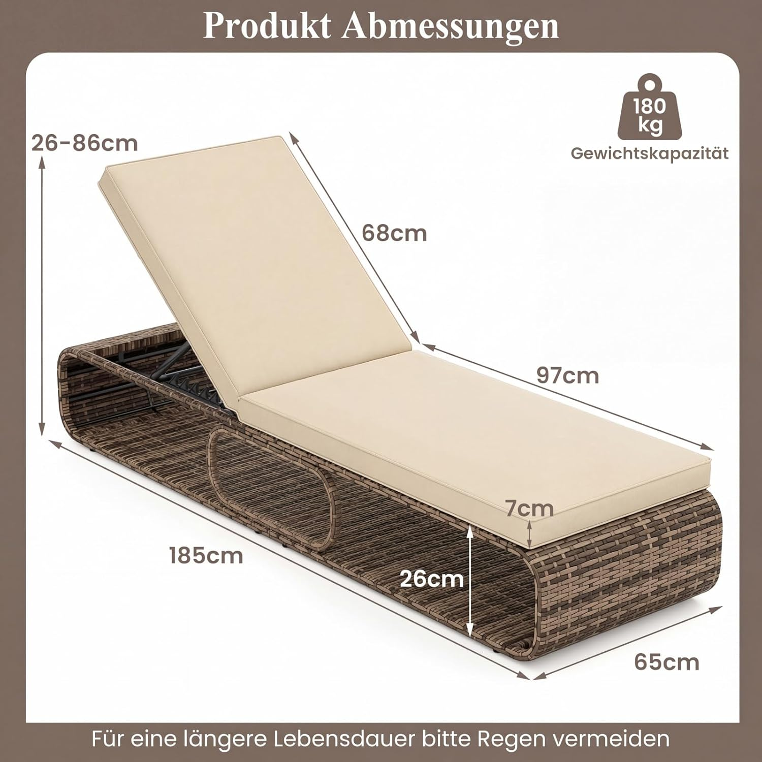 Brauner Rattan-Liegestuhl mit Maßen: 185x65x26cm, Sitzhöhe 7cm, Rückenlehne 68cm, Kapazität 180kg.