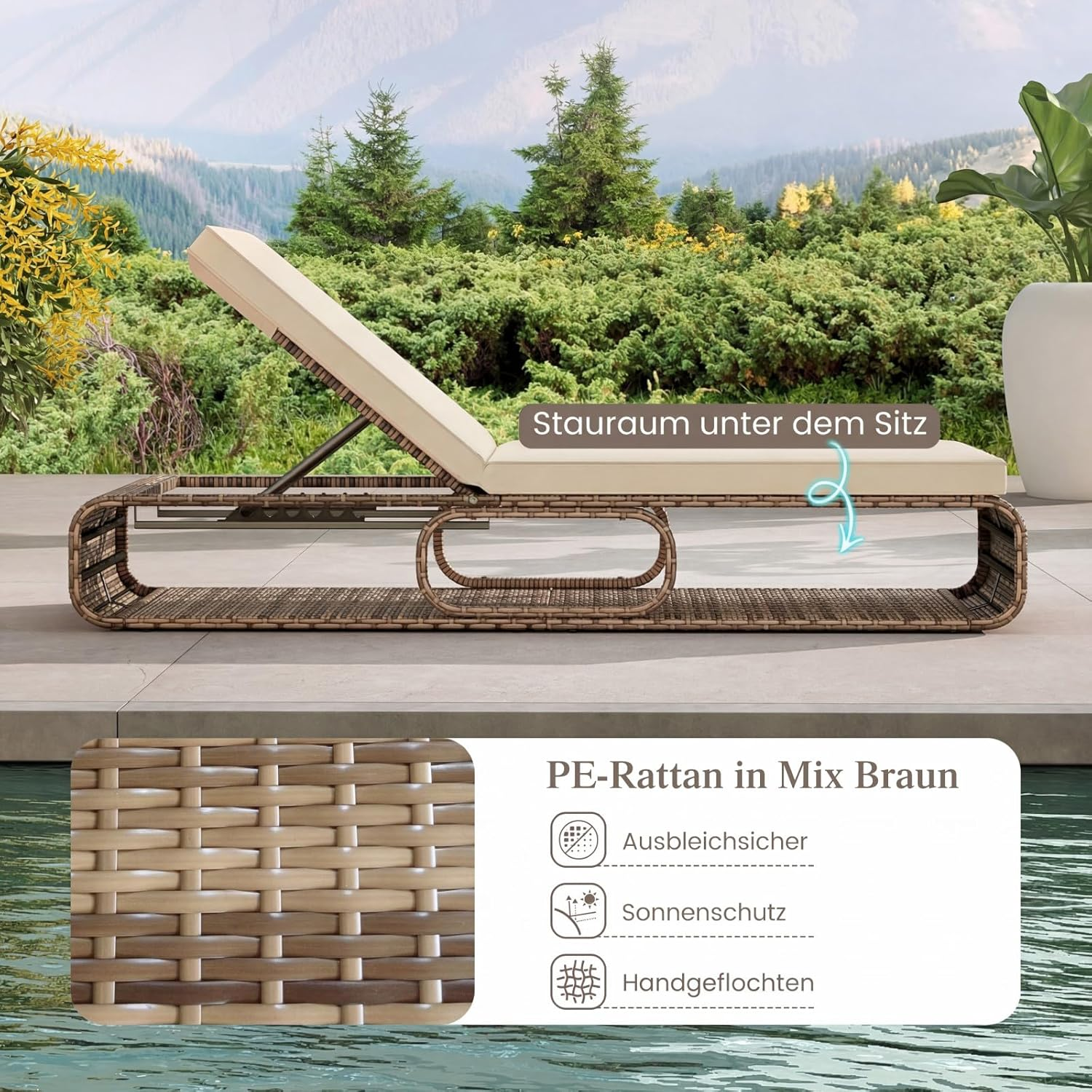 Brauner Rattansessel mit beiger Auflage, Pool und Berglandschaft.