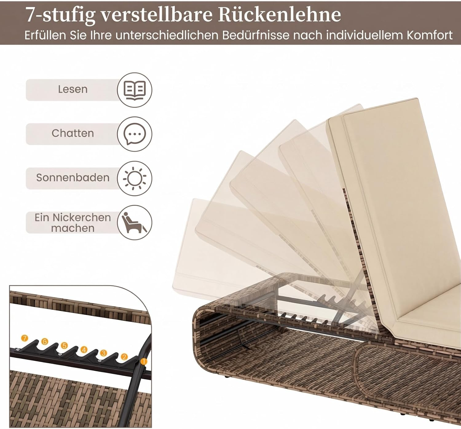 Verstellbare Rückenlehne mit 7 Stufen für verschiedene Komfortbedürfnisse.