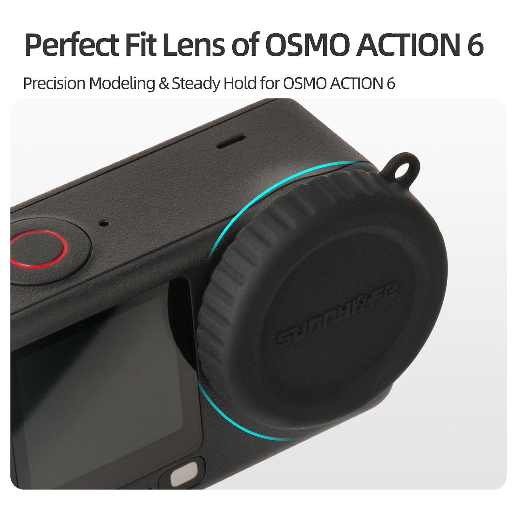 Schwarzer Objektivdeckel für OSMO ACTION 6 mit blauem Akzent.