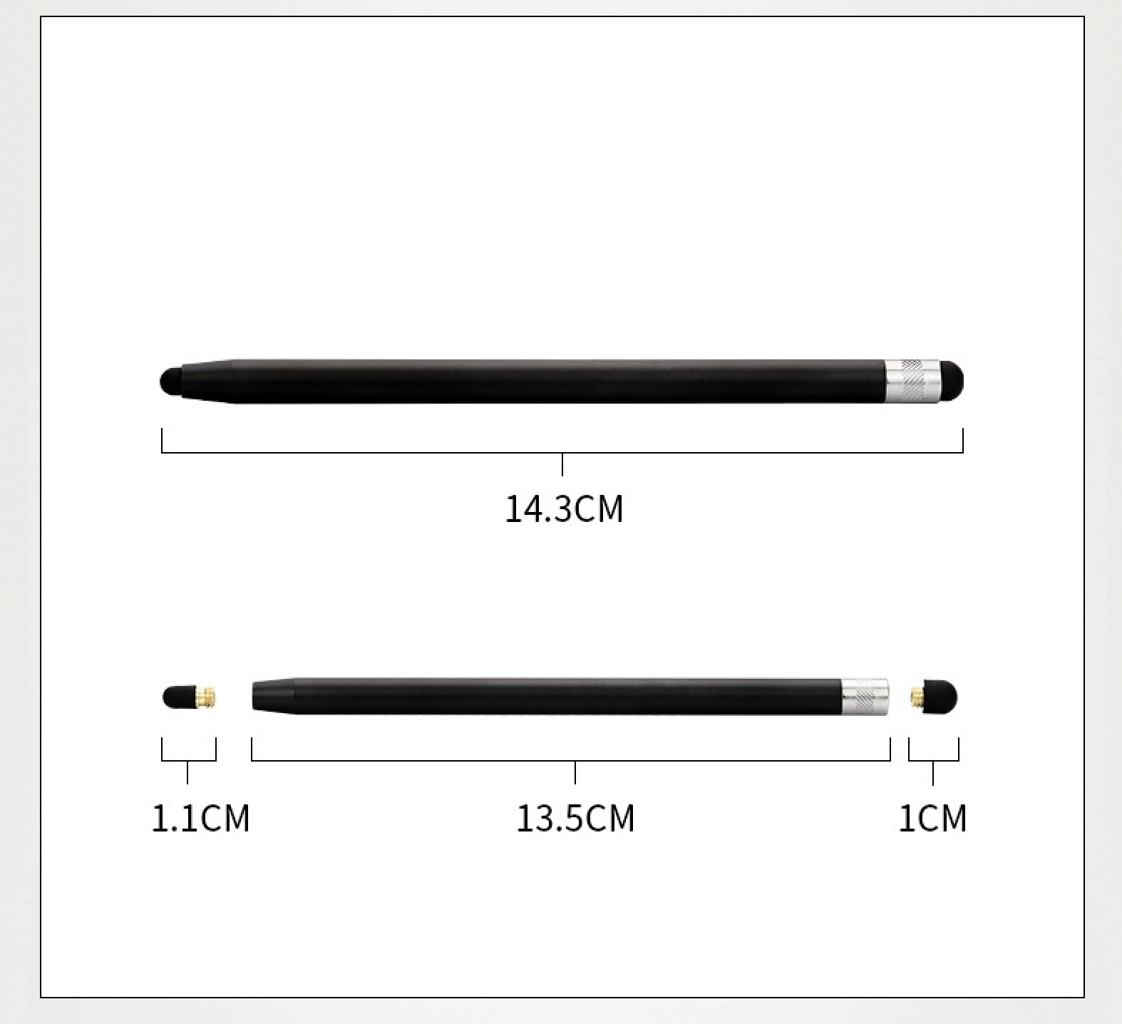 Zwei schwarze Stifte mit Maßangaben. Einer ist 14,3 cm lang.