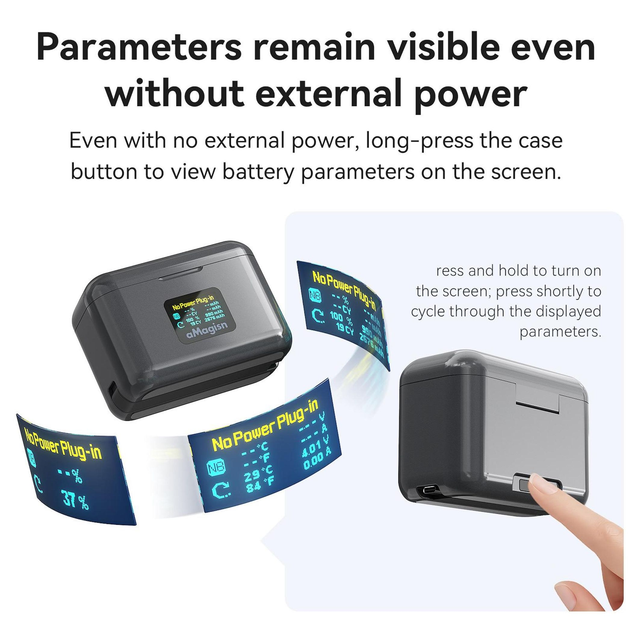 Custodia di ricarica grigia mostra dati batteria su schermo. Dito preme pulsante.