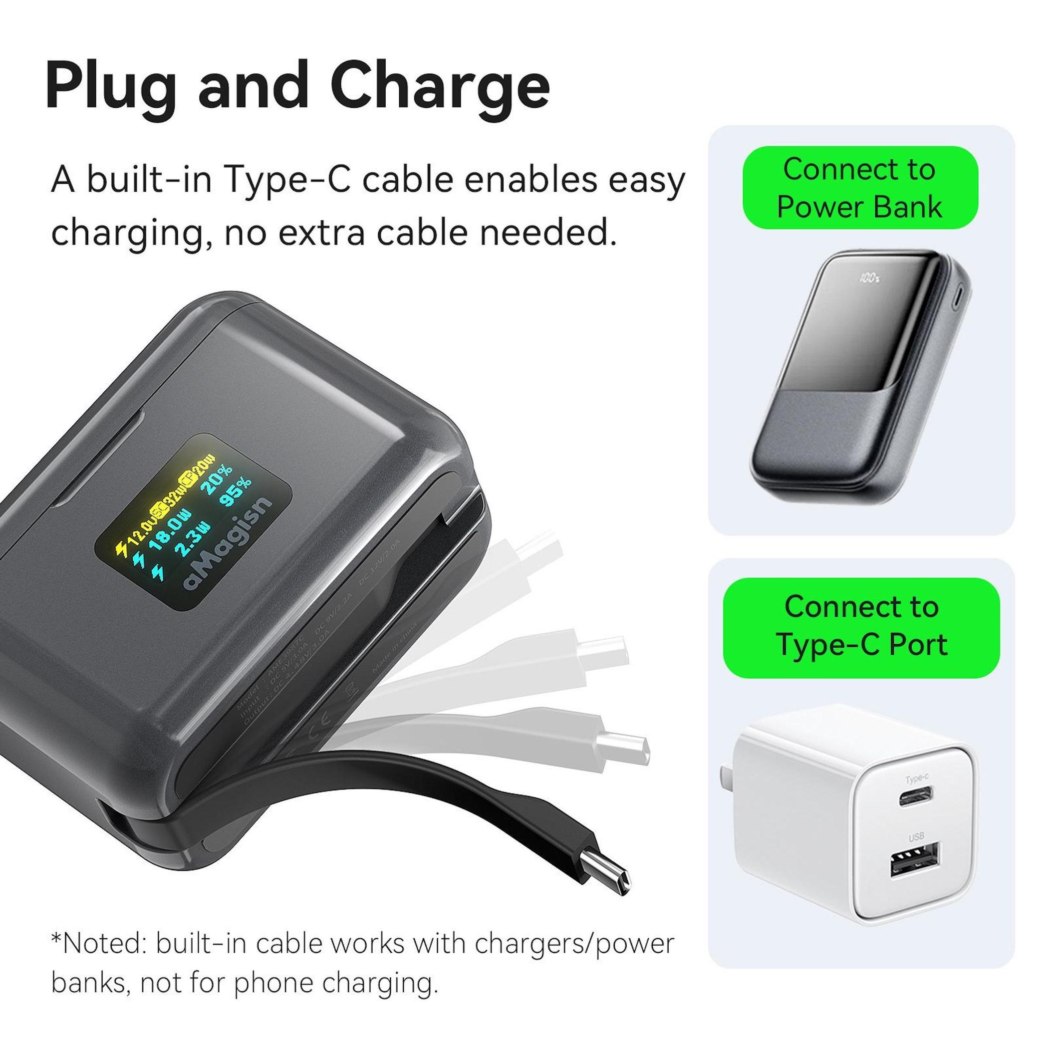 Caricatore grigio con cavo Type-C integrato, accanto a power bank e adattatore a muro.