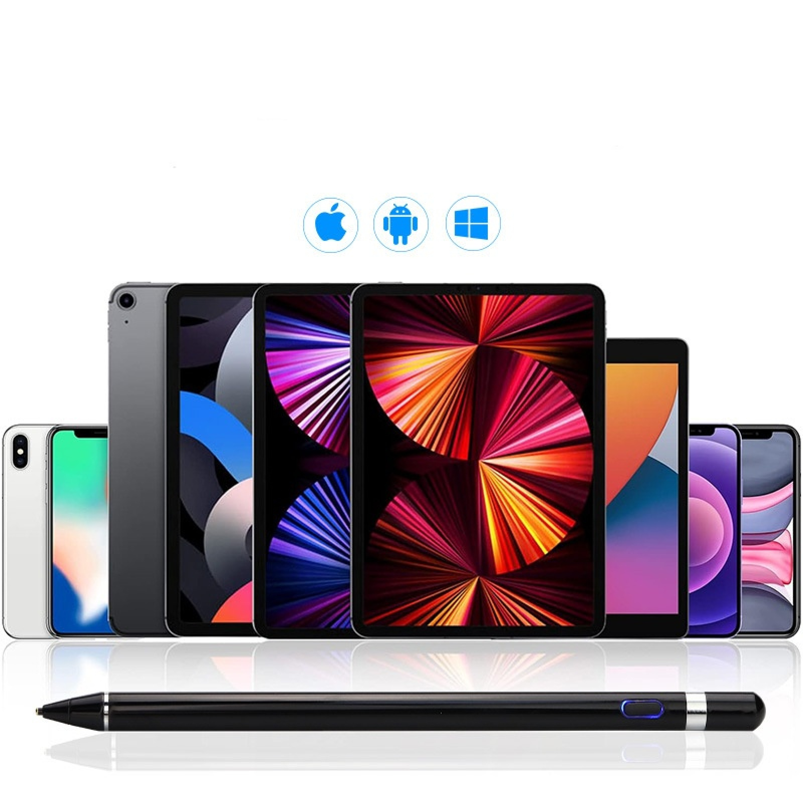 Eine Reihe von Tablets und Smartphones mit einem Stift im Vordergrund.