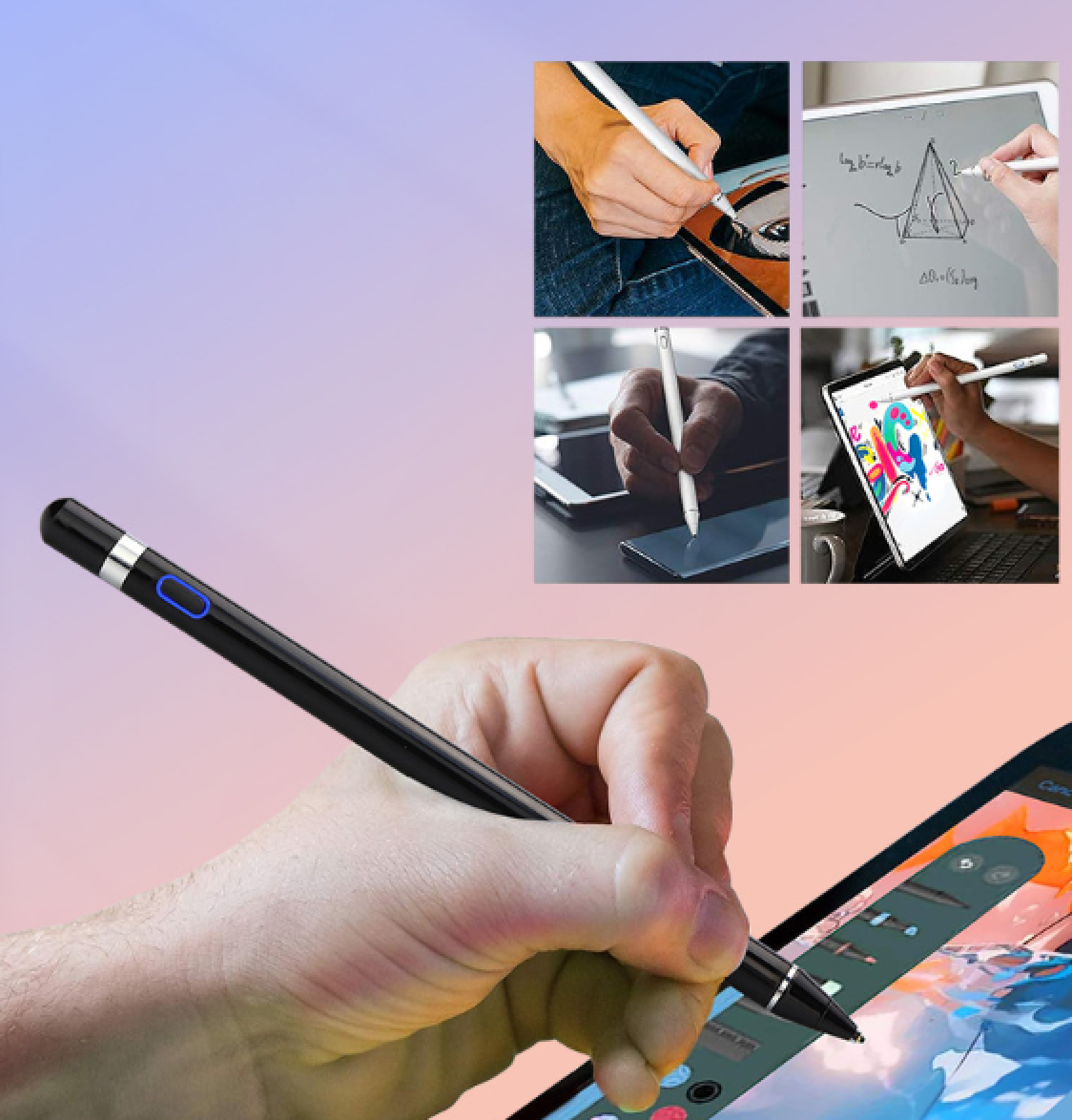 Eine Hand hält einen schwarzen Eingabestift mit blauem Licht und interagiert mit einem Tablet-Bildschirm.