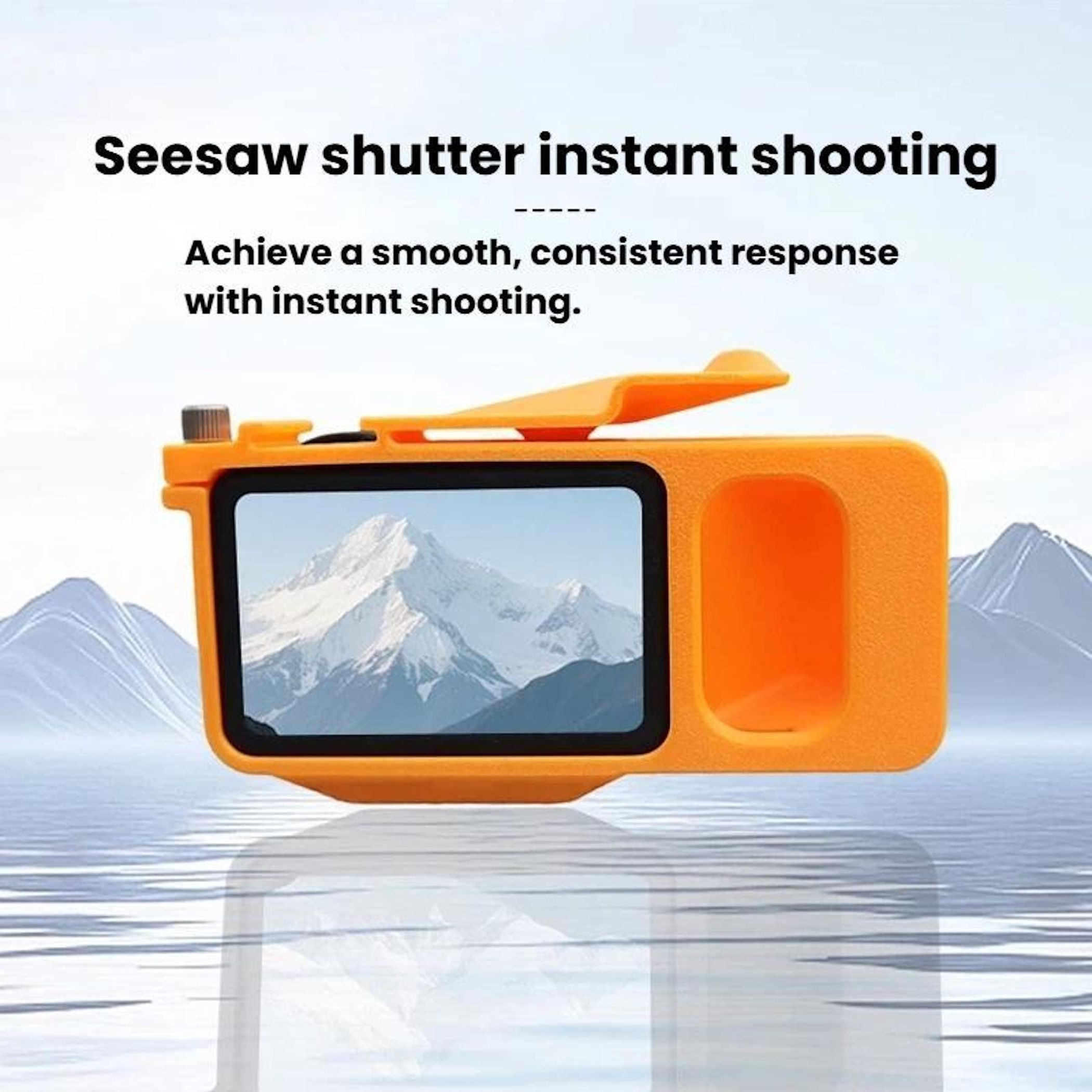 Orange Kamerahalterung mit Berglandschaft auf dem Bildschirm, reflektiert auf Wasser.