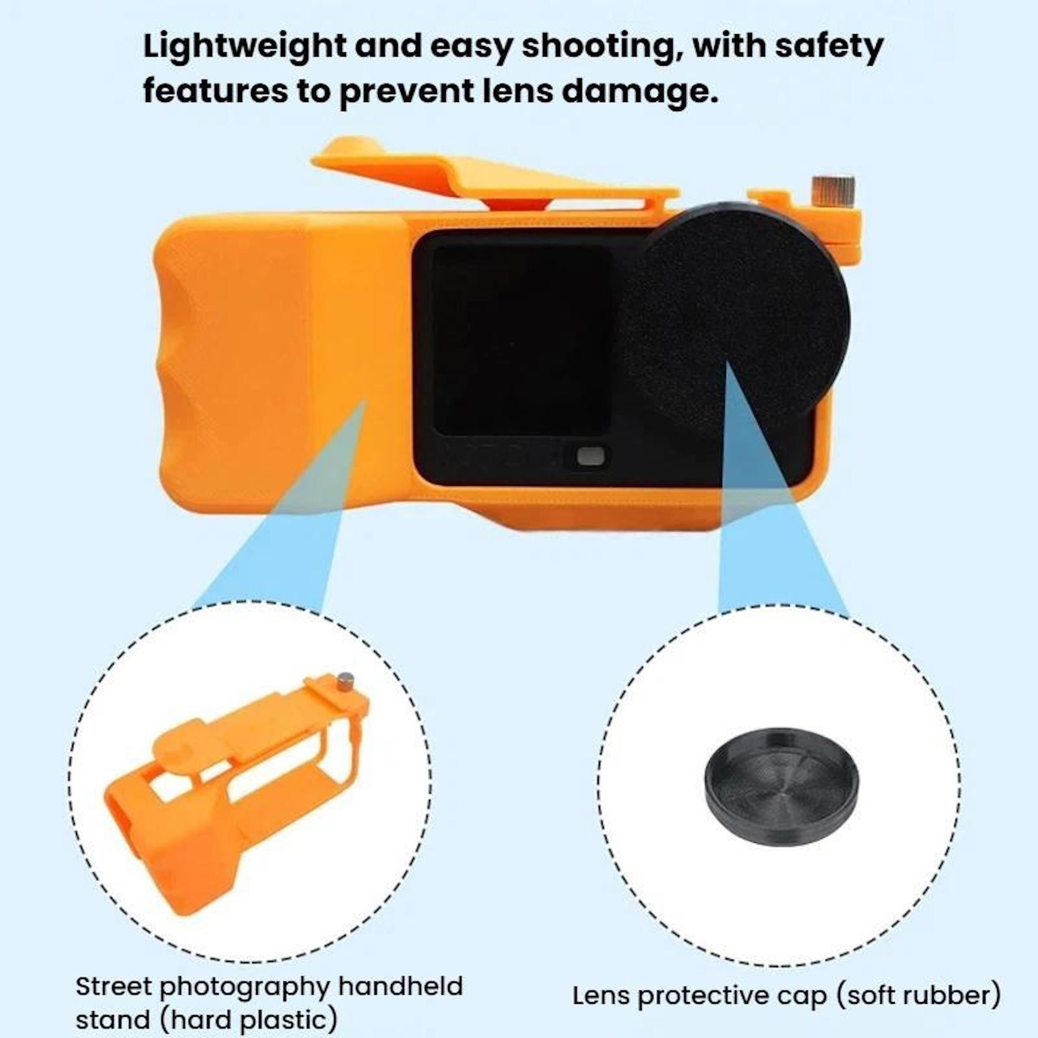 Orange Kamera-Zubehör: Handgriff und Linsenkappe.