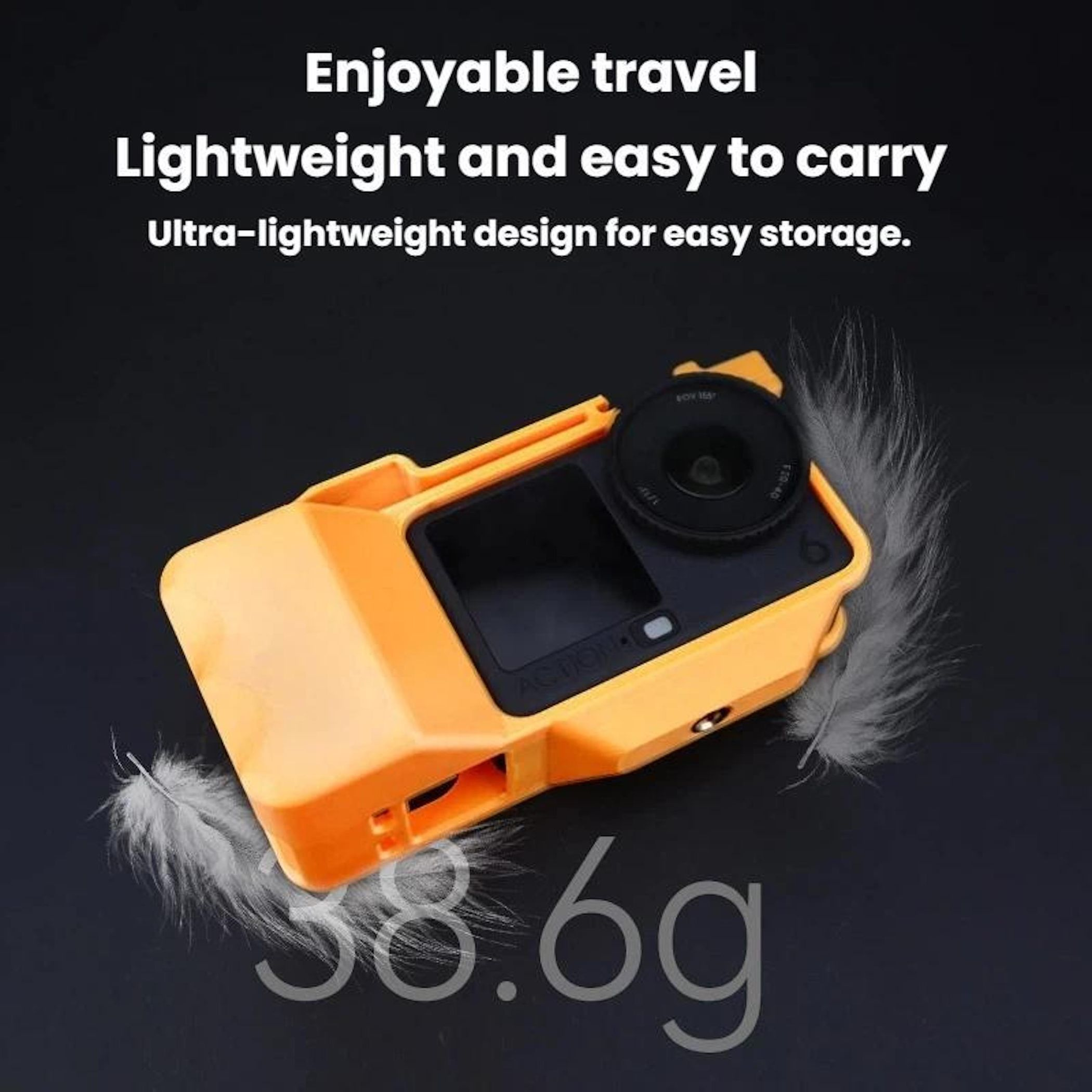 Orange Actionkamera mit Linse und Bildschirm, Federakzente, 38,6g Text.