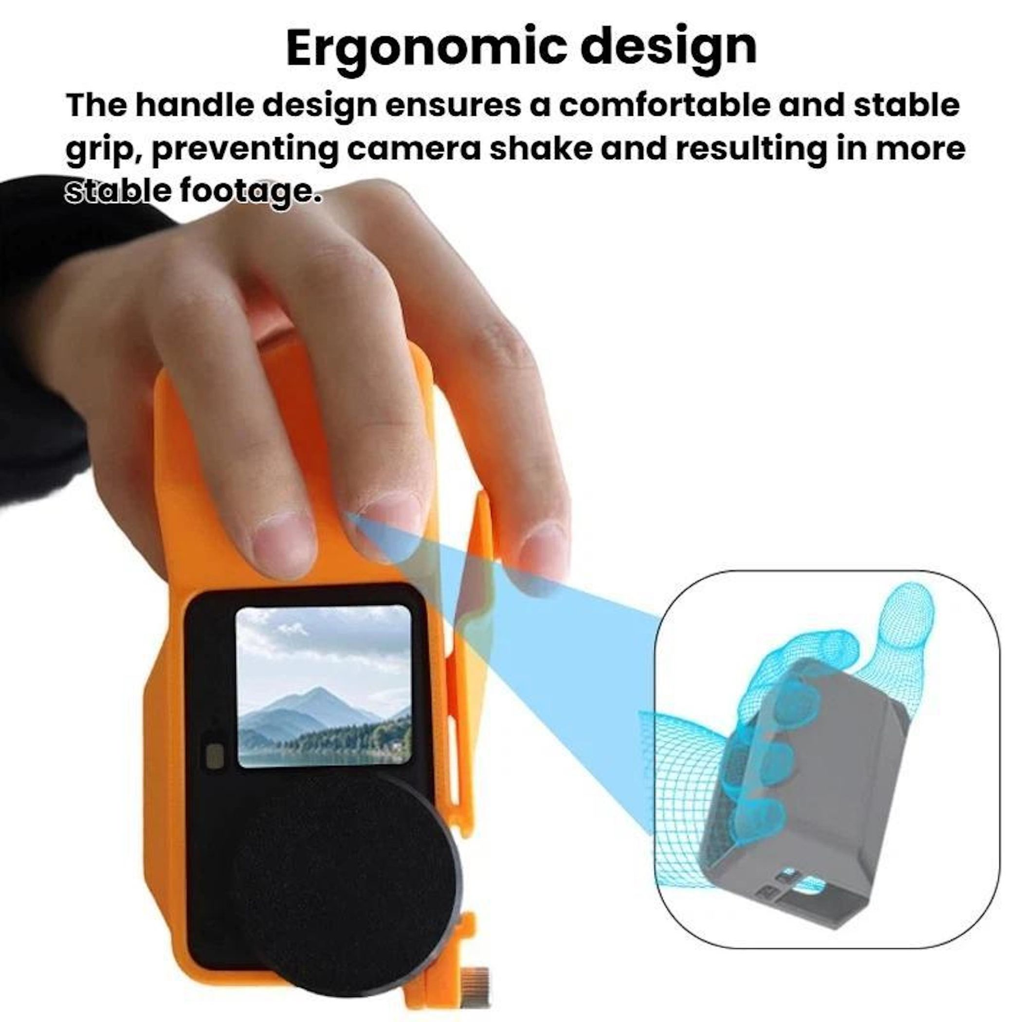 Orange Kamerahandgriff mit Berglandschaft auf dem Bildschirm.