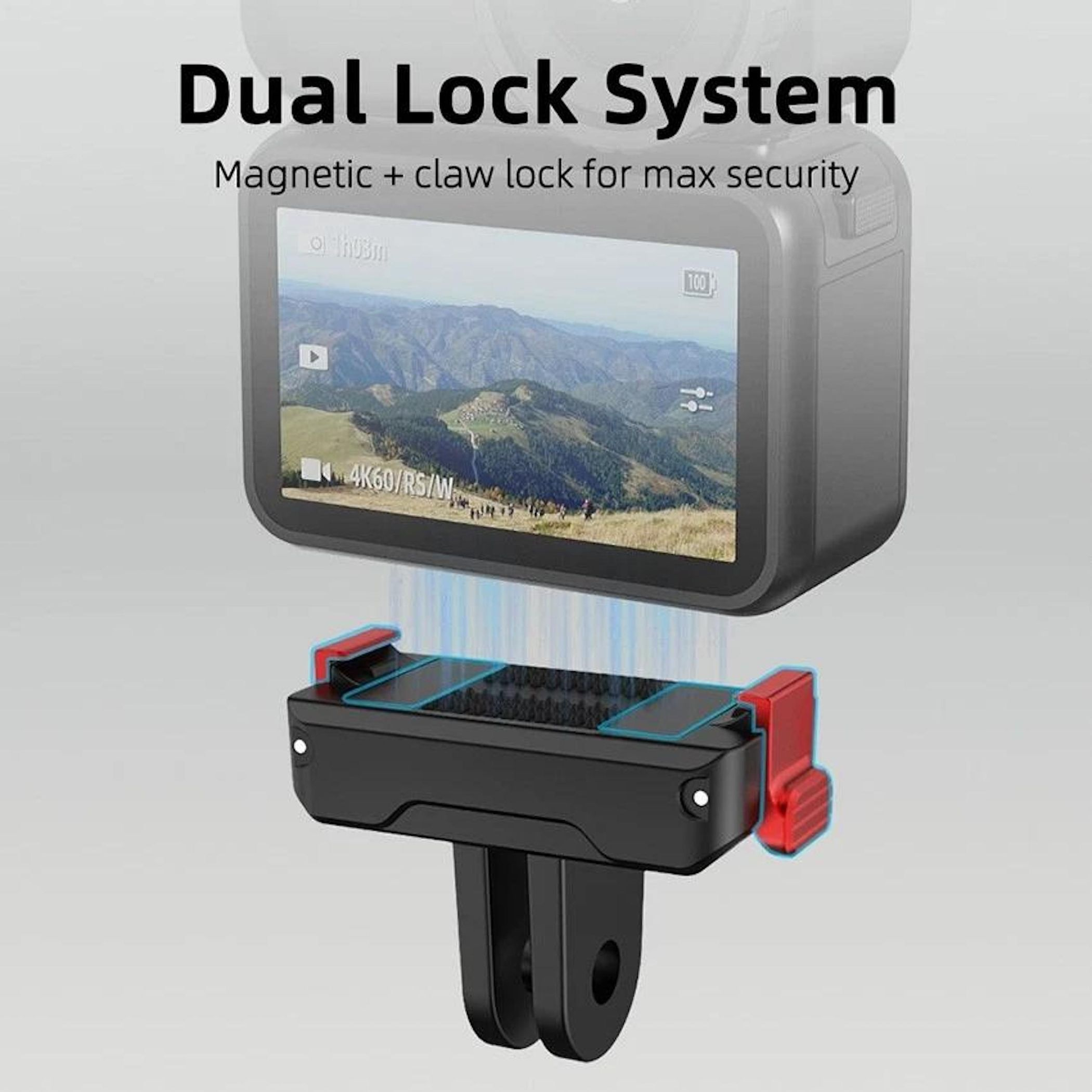 Action-Kamera mit magnetischem und Krallenverschluss-System, zeigt Landschaft.