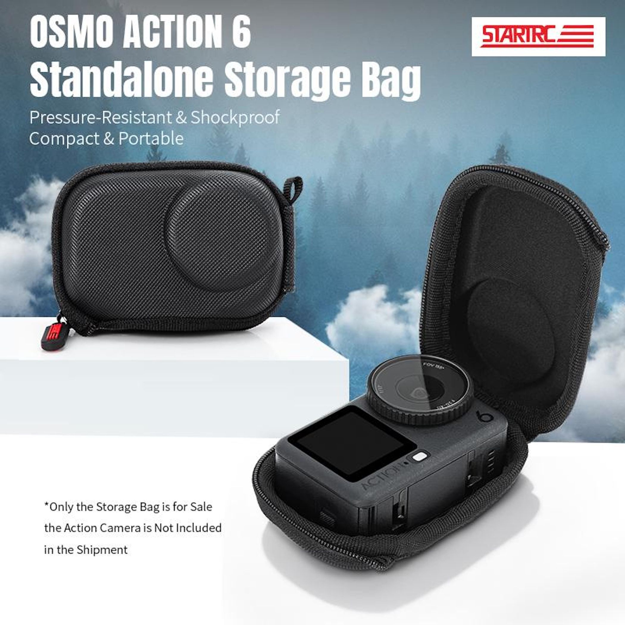 Borsa per fotocamera nera con fotocamera Osmo Action 6 all'interno.