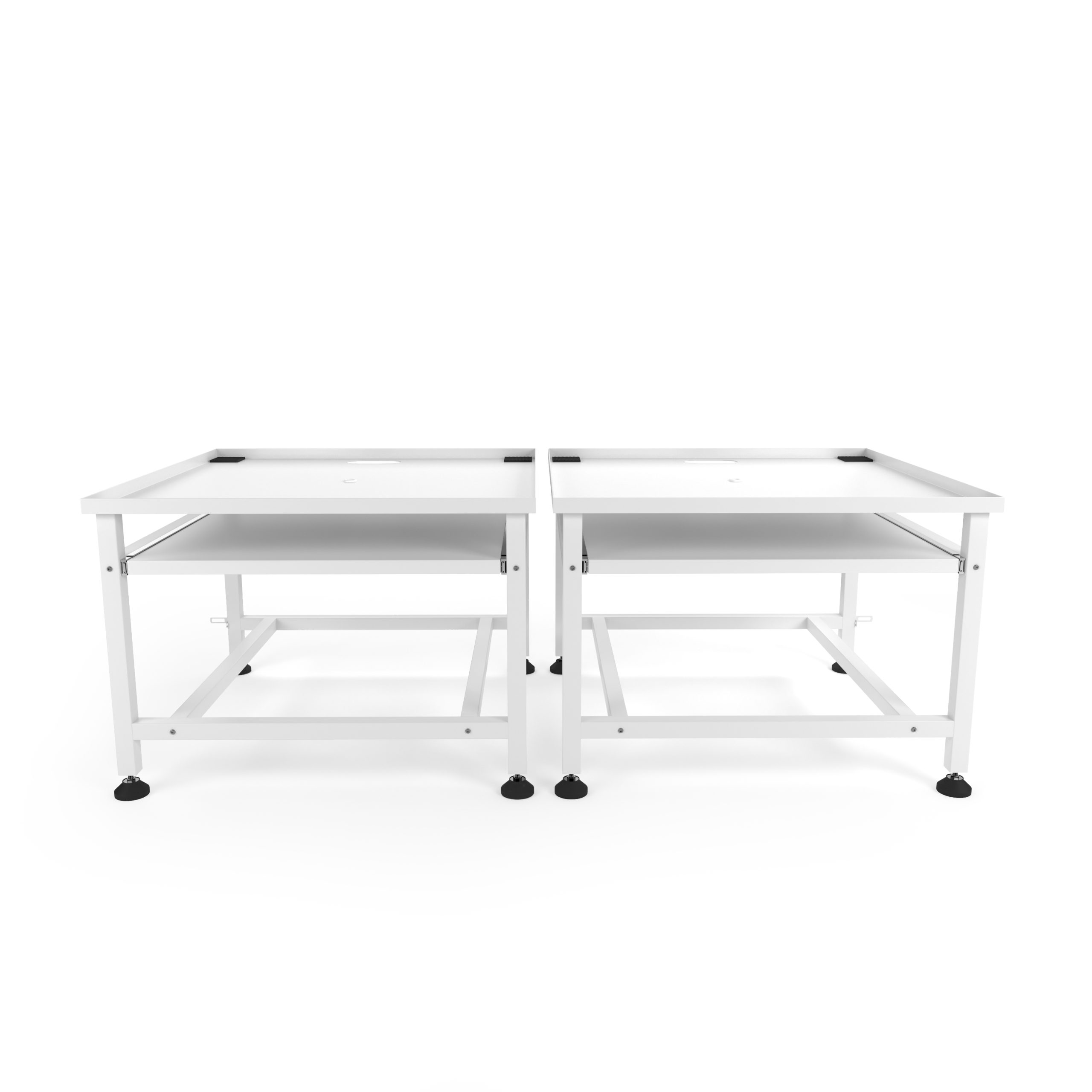 Two white, two-tiered lab tables with black feet on a white background.