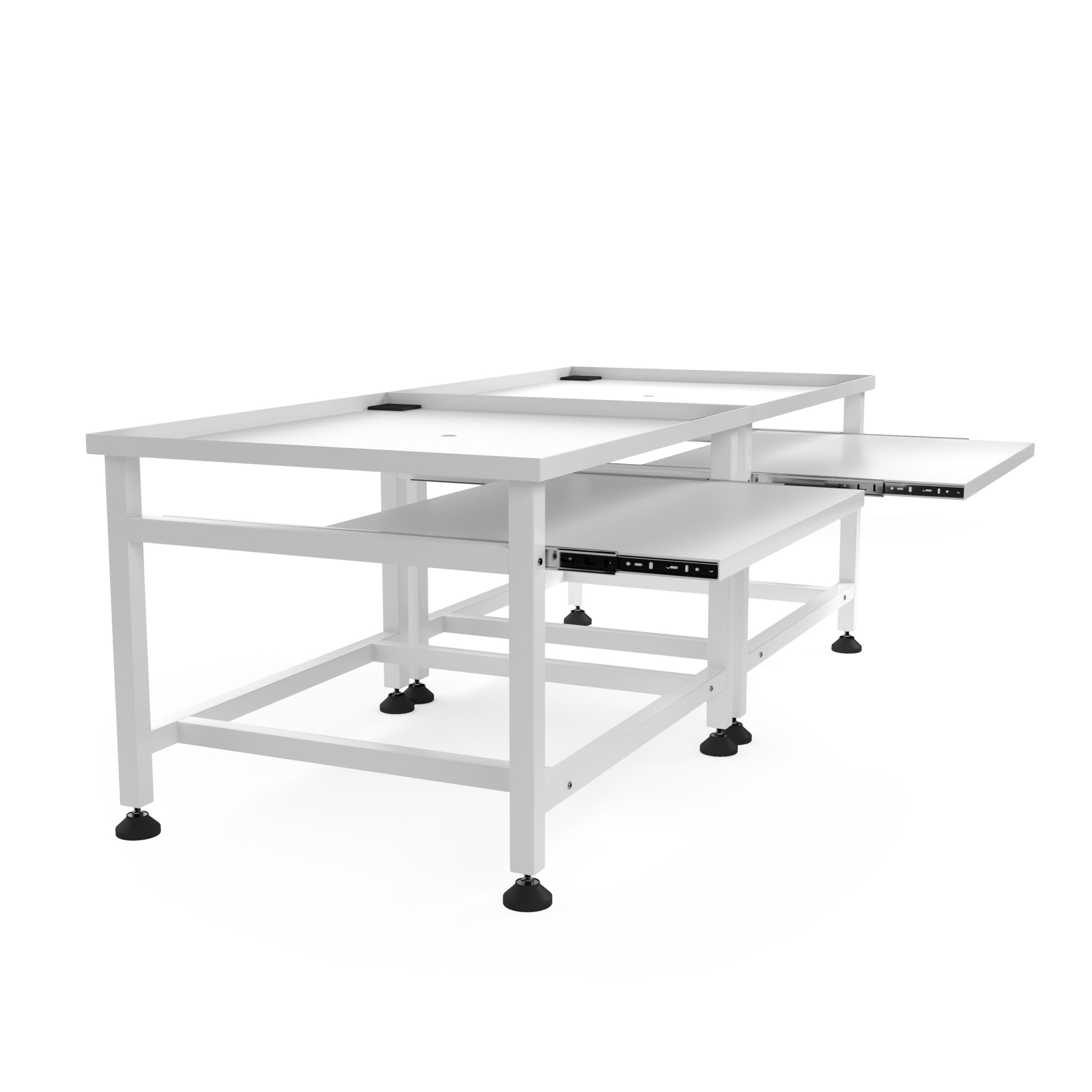 A white laboratory table with two tiers and an extendable drawer.