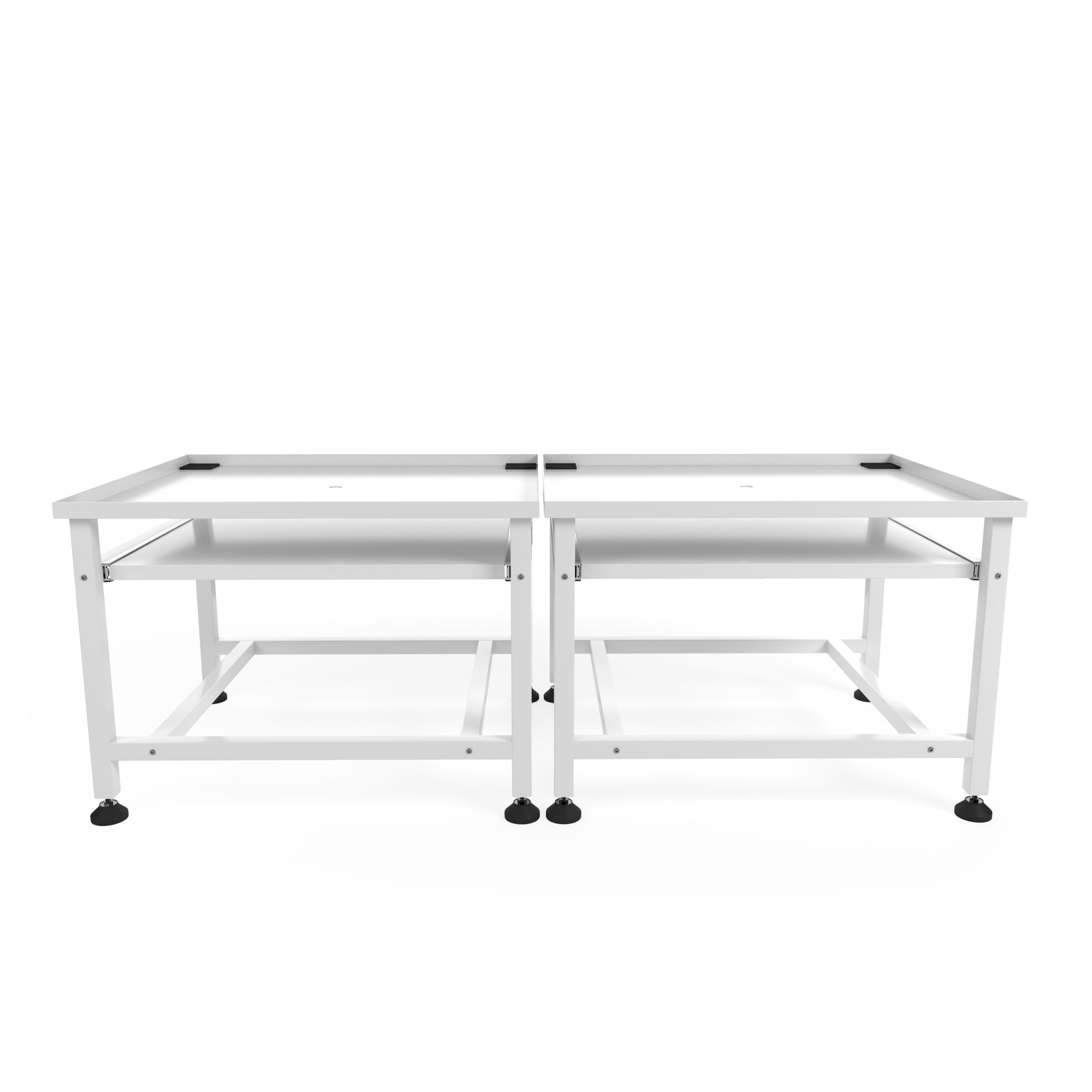 Two white metal tables with shelves and black casters on a white background.