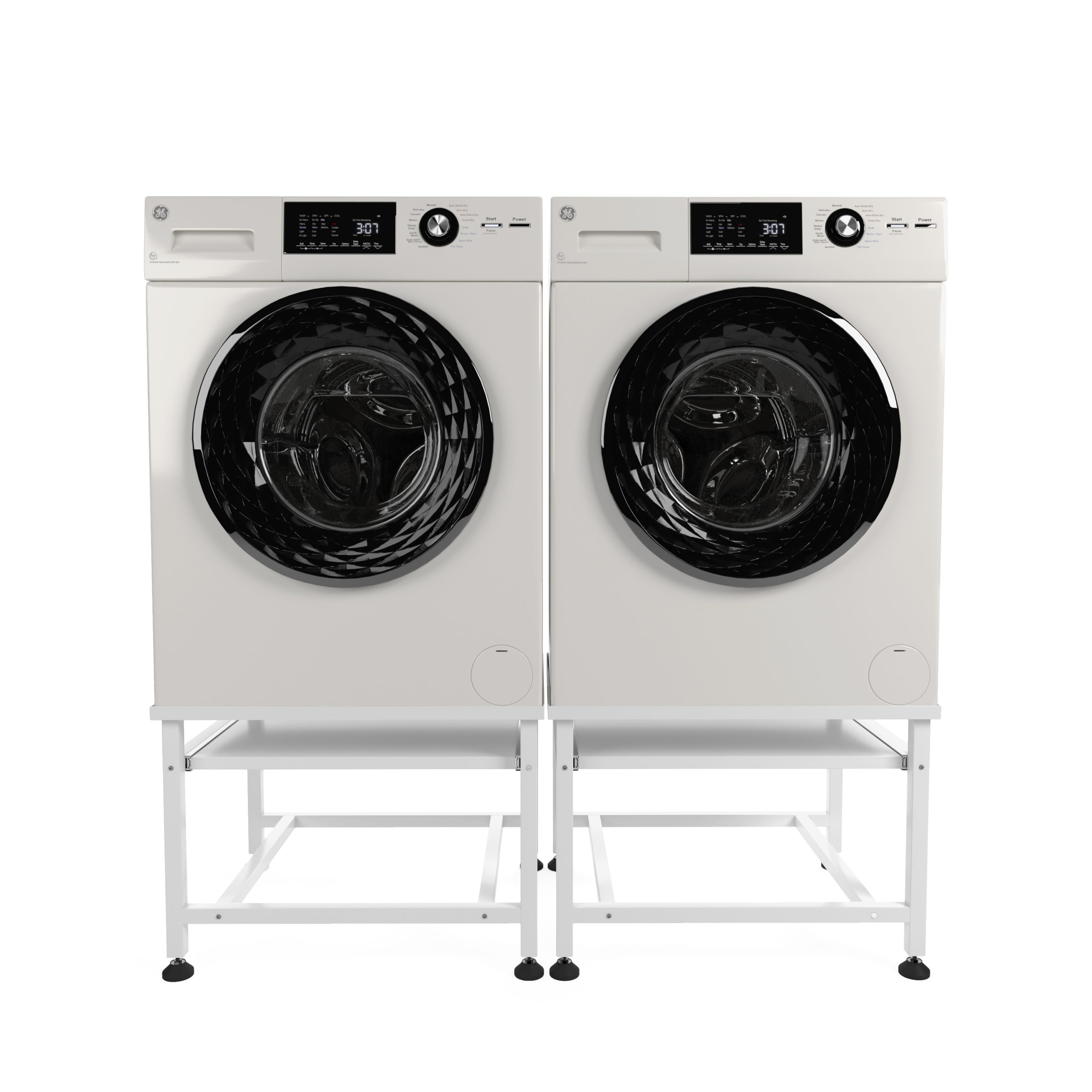 Two white GE washer-dryers side-by-side on white pedestals.