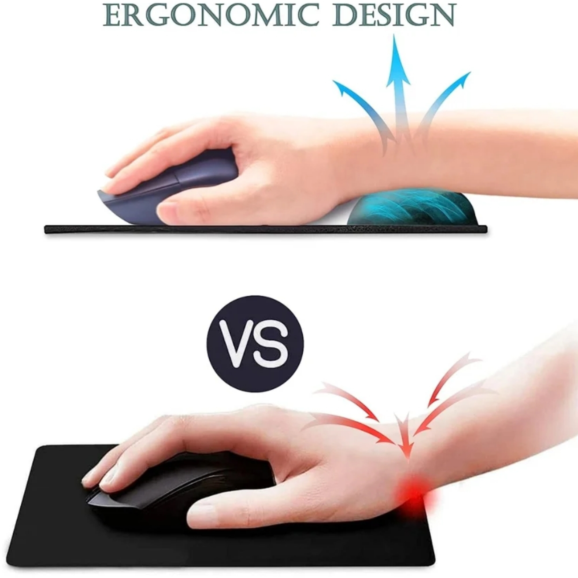 Vergleich: Hand auf Maus mit ergonomischer Stütze vs. Hand auf Maus ohne Stütze.