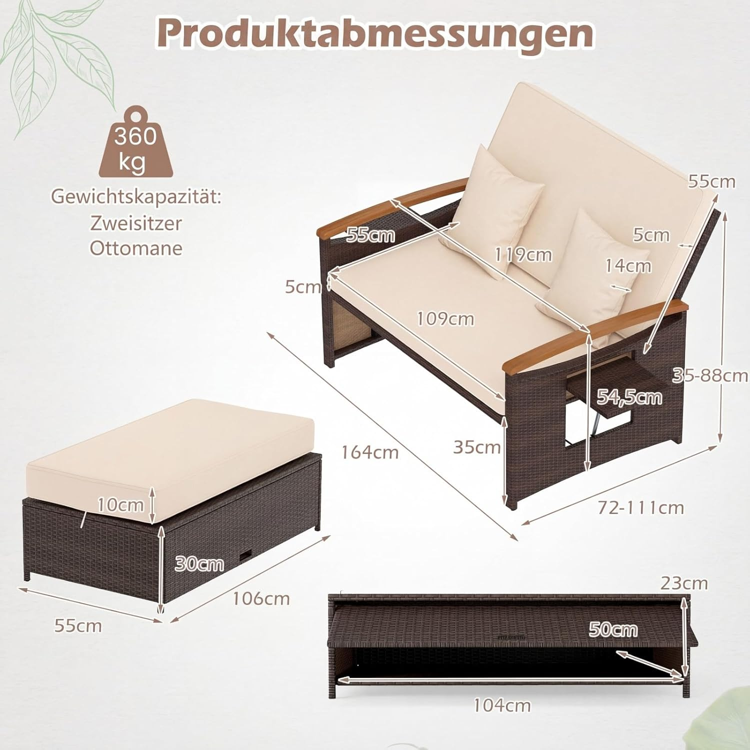 Produktabmessungen: Zweisitzer-Sofa und Ottomane mit Maßen.