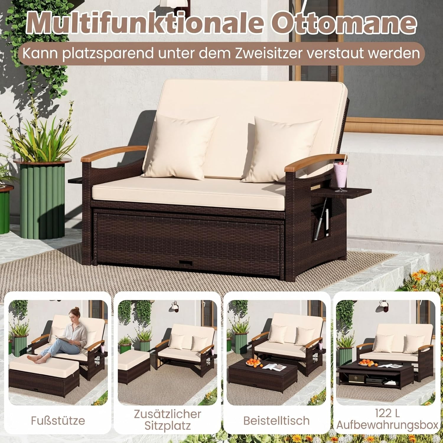 Multifunktionale Ottomane mit Kissen, Beistelltisch und Stauraum auf Terrasse.