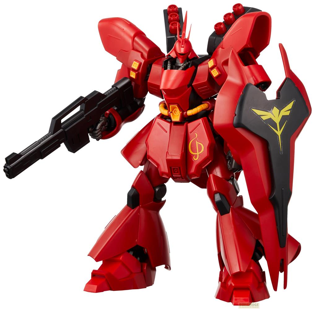 Ein roter Roboter hält eine schwarze Waffe und einen Schild mit gelbem Emblem.