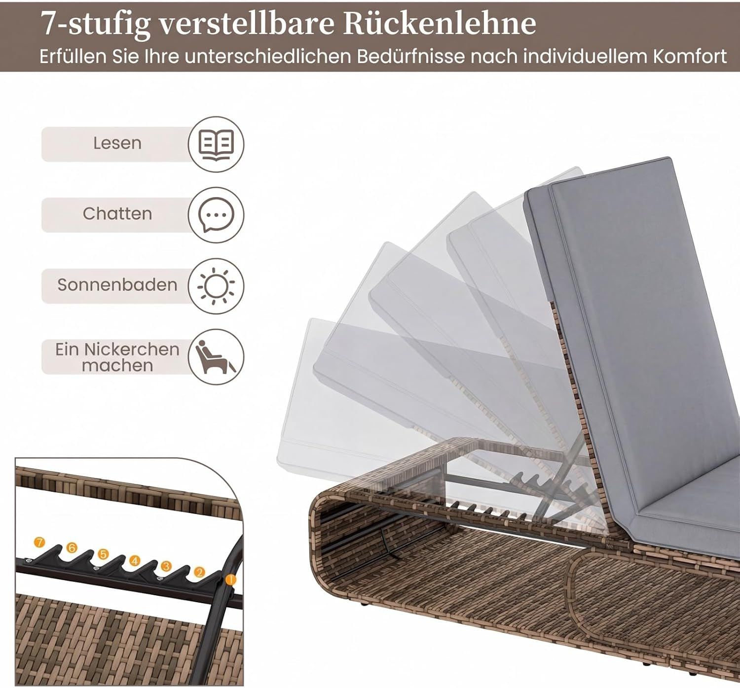 Verstellbare Liege mit 7 Stufen für Lesen, Chatten, Sonnenbaden und Nickerchen.