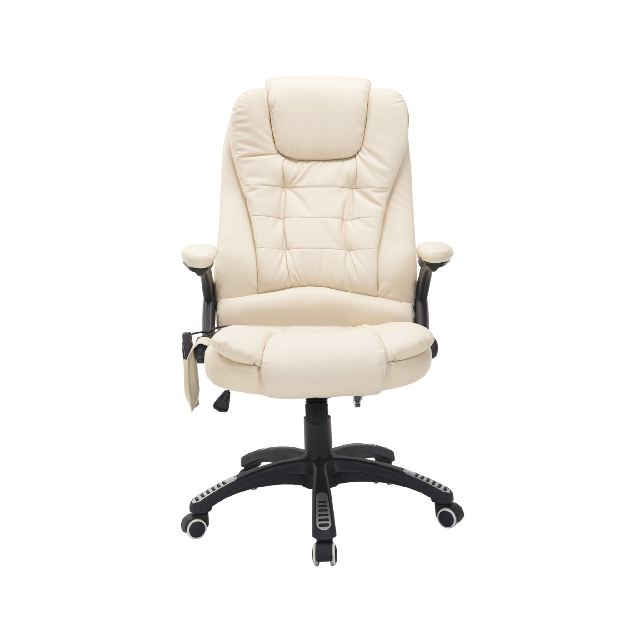Sedia da ufficio color crema con ruote e schienale regolabile.
