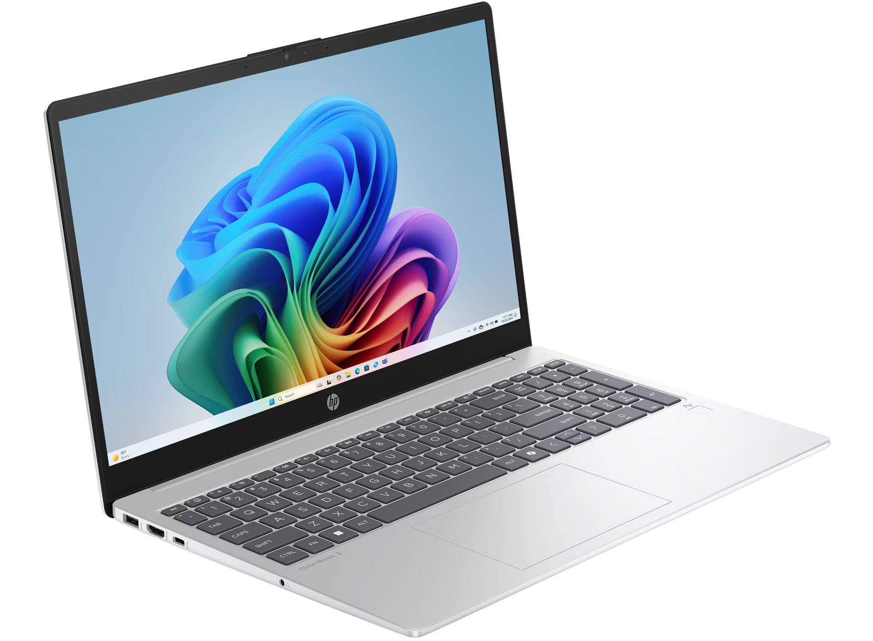 Srebrny laptop HP OmniBook 3 z kolorową tapetą na ekranie.