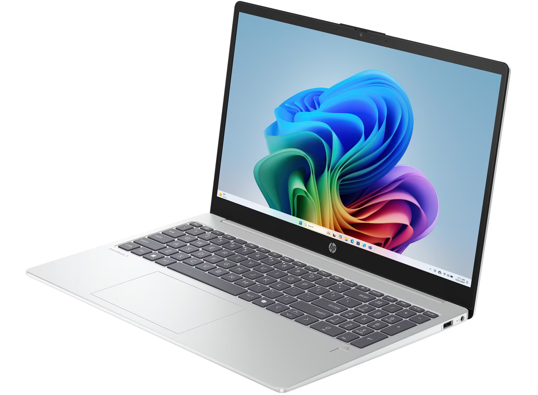 Srebrny laptop HP z kolorową tapetą pulpitu, klawiaturą i touchpadem.