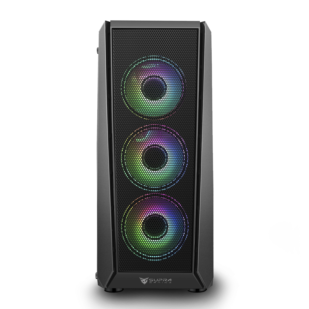 Torre de ordenador negra con tres ventiladores RGB iluminados en la malla frontal.