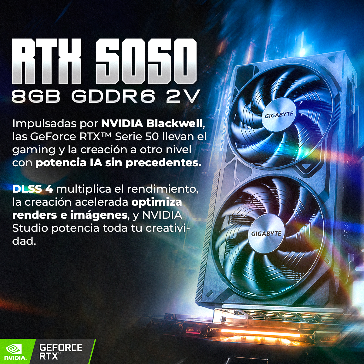 Tarjeta gráfica RTX 5050 con dos ventiladores, NVIDIA Blackwell, DLSS 4. Texto sobre juegos e IA.