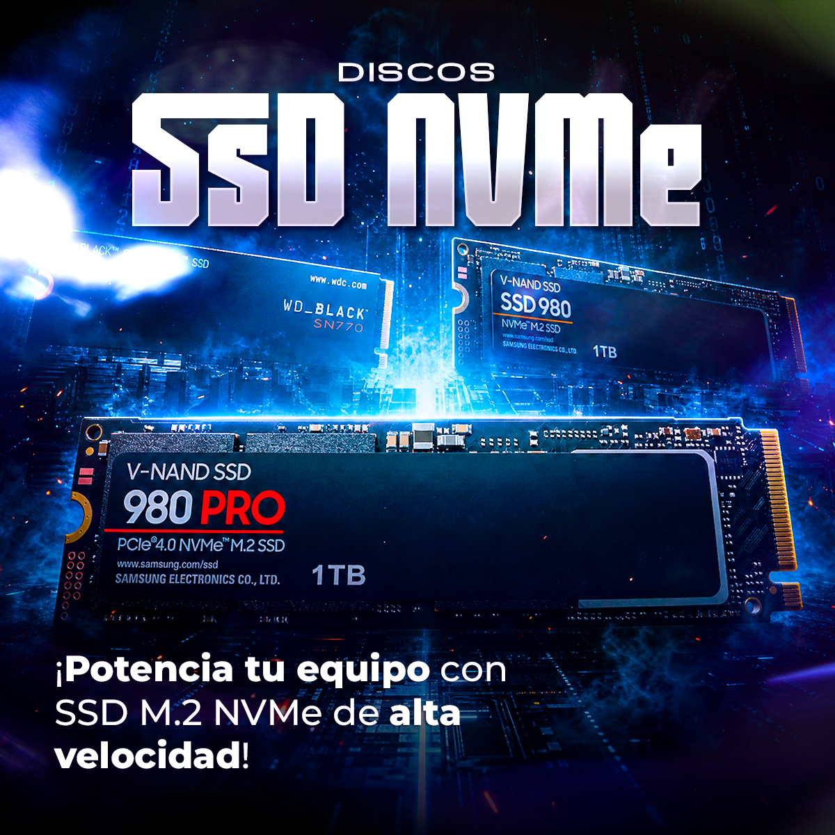 Tres SSDs NVMe sobre un fondo oscuro con efectos de luz azul.