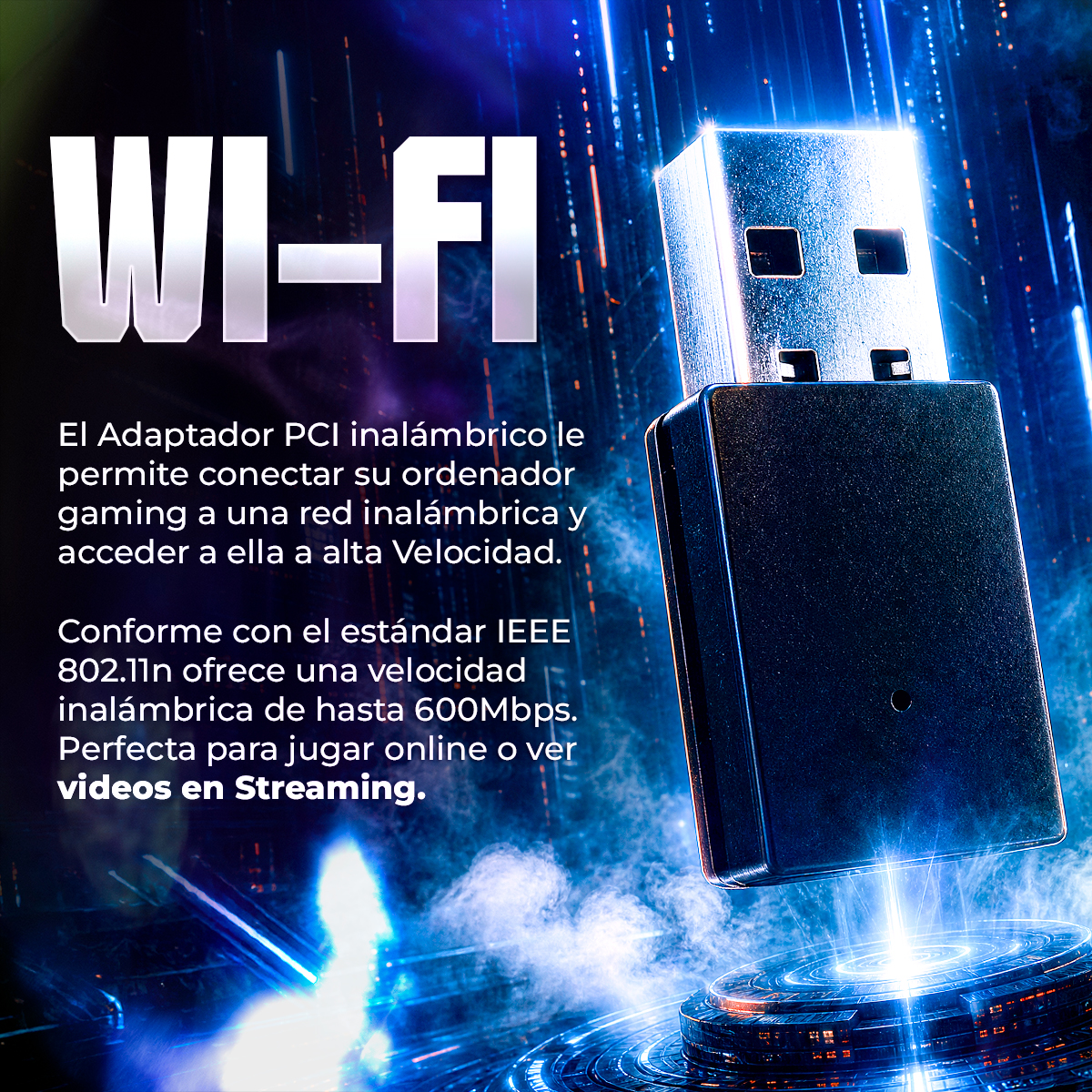 Un adaptador USB Wi-Fi. Luces azules y humo en el fondo.