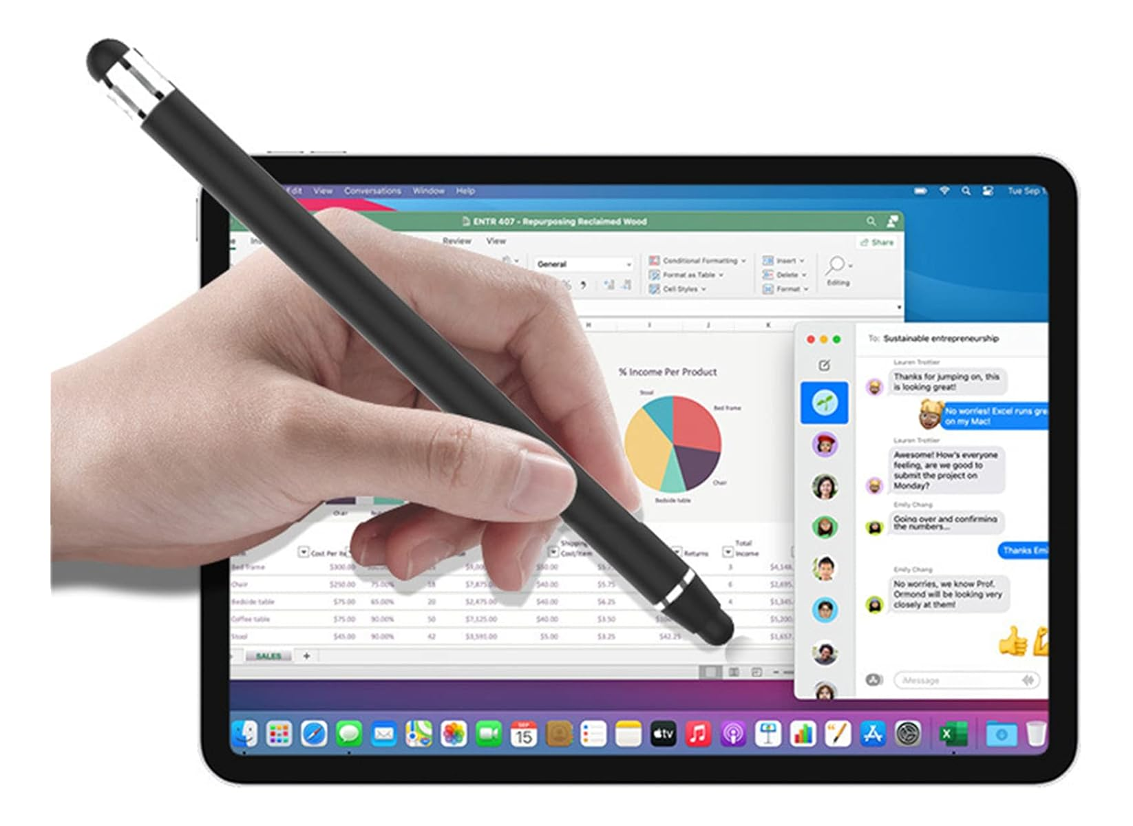 Ein Stift liegt auf einem Tablet, das eine Tabelle und ein Diagramm anzeigt.