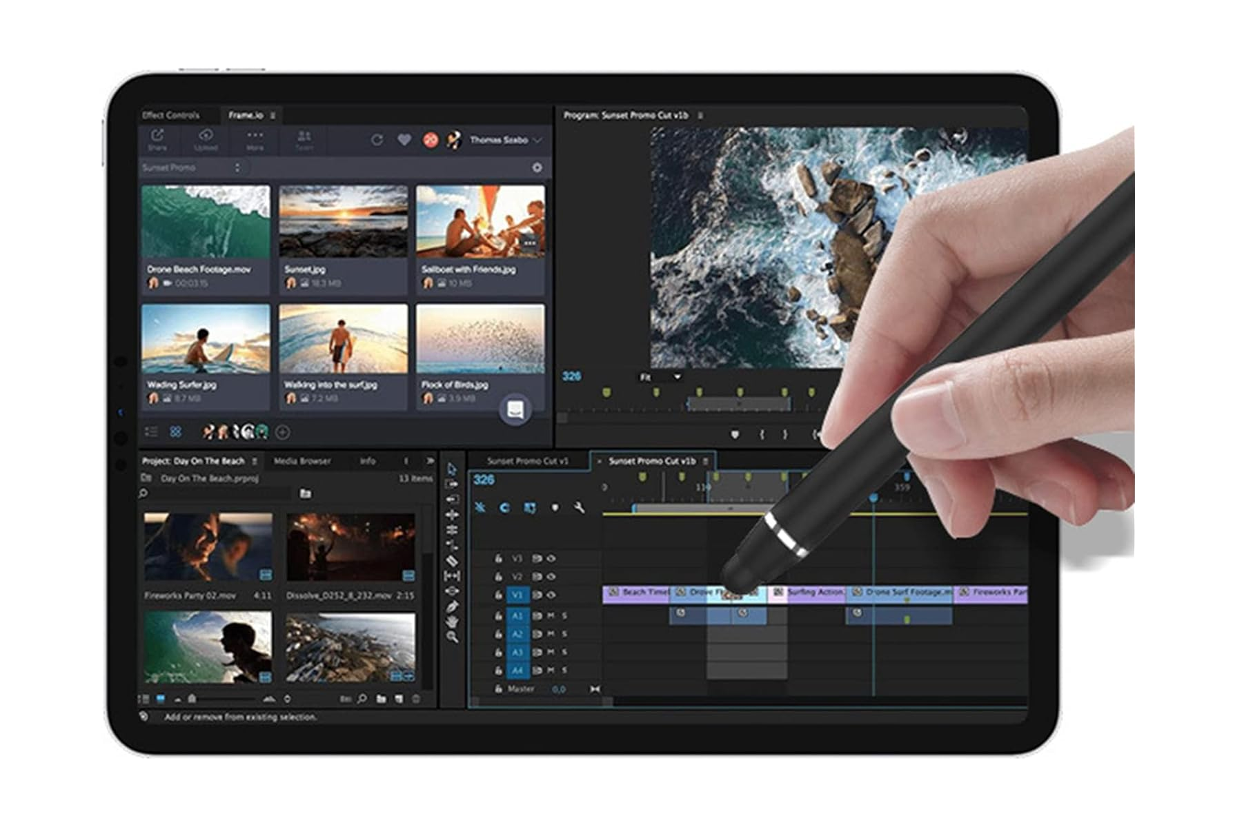 Eine Hand benutzt einen Eingabestift auf einem Tablet, das eine Videobearbeitungssoftware anzeigt.
